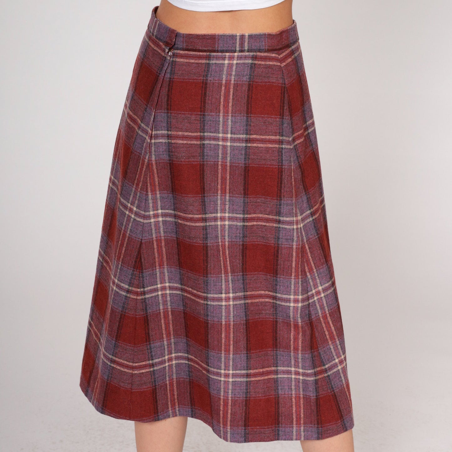 80s Rust Red Plaid Wool Midi Skirt High Waist A-Line Small