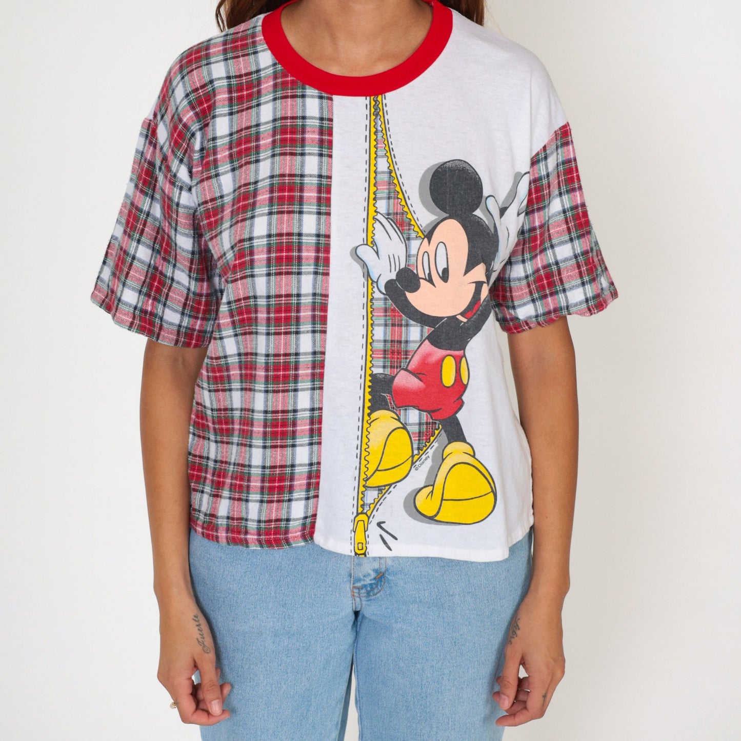 90s Mickey Mouse Ringer T-Shirt Plaid Graphic White Red Small S