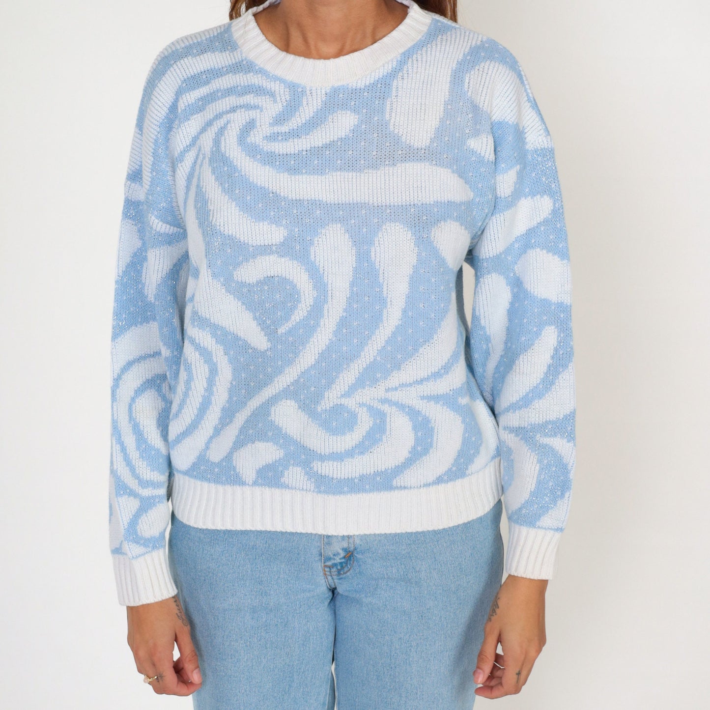 80s Baby Blue White Swirl Abstract Knit Crewneck Sweater Small