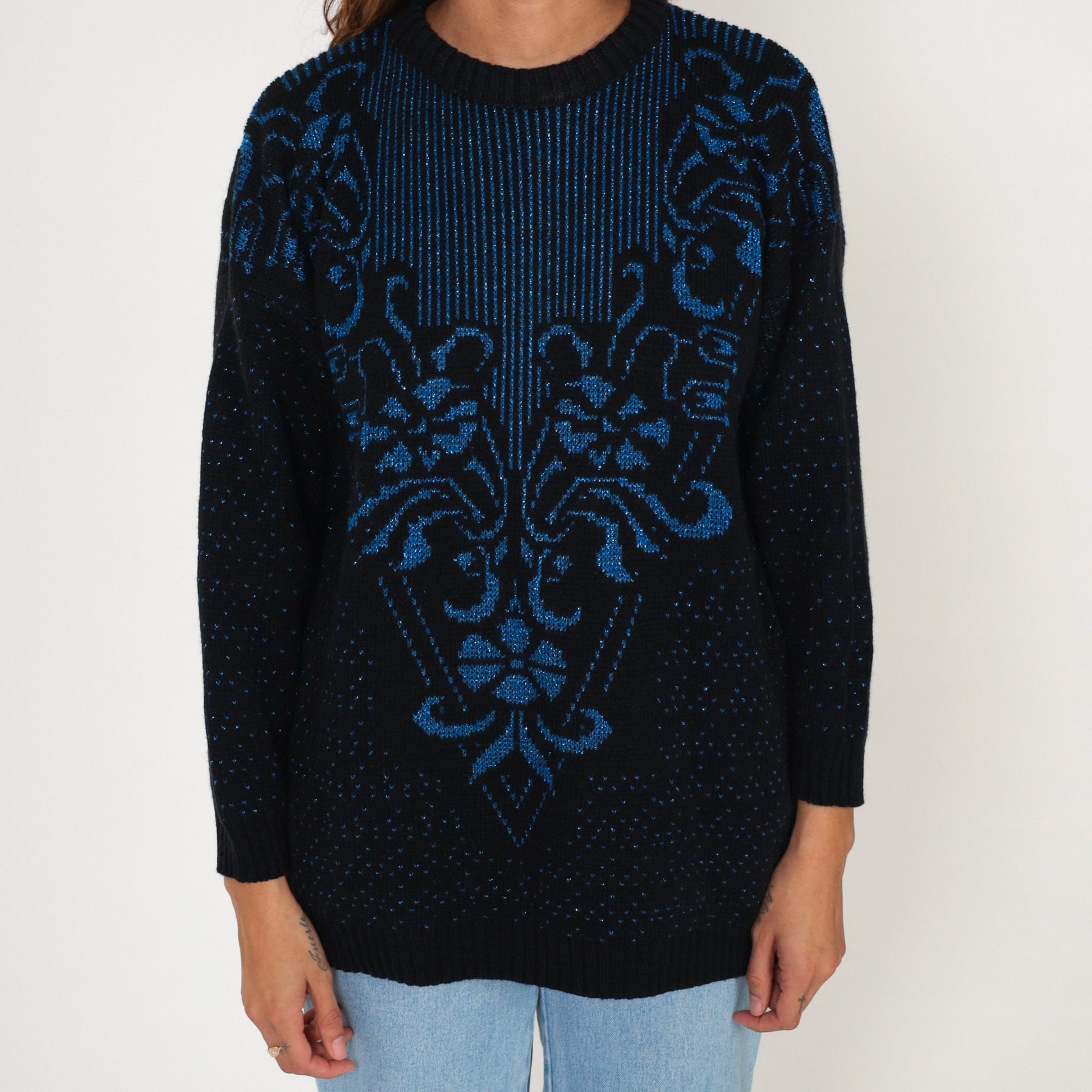 80s Metallic Floral Knit Sweater Black Blue Sparkly Pullover Medium M