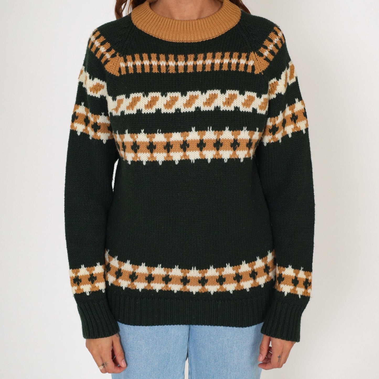 70s Sigallo Geometric Striped Pullover Sweater Green Ringer Crewneck Medium M