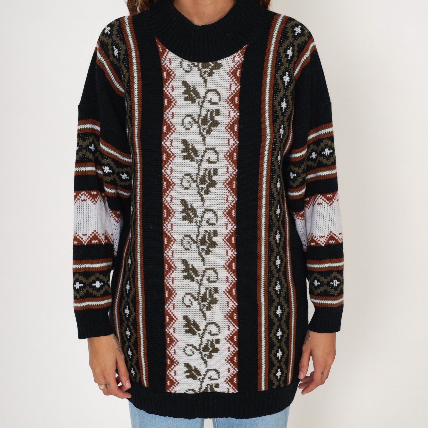 80s Clifton Place Knit Sweater Vine Striped Pullover Black Extra Large