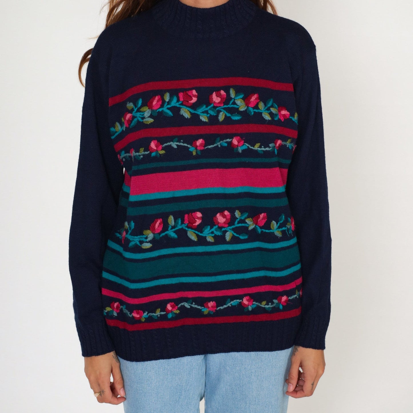 80s Alfred Dunner Navy Floral Embroidered Mockneck Sweater Wool Blend Large L