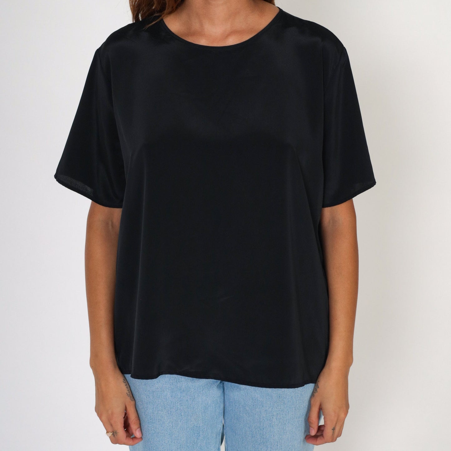 90s Bobbie and Brooks Black Blouse Keyhole Back Short Sleeve Large