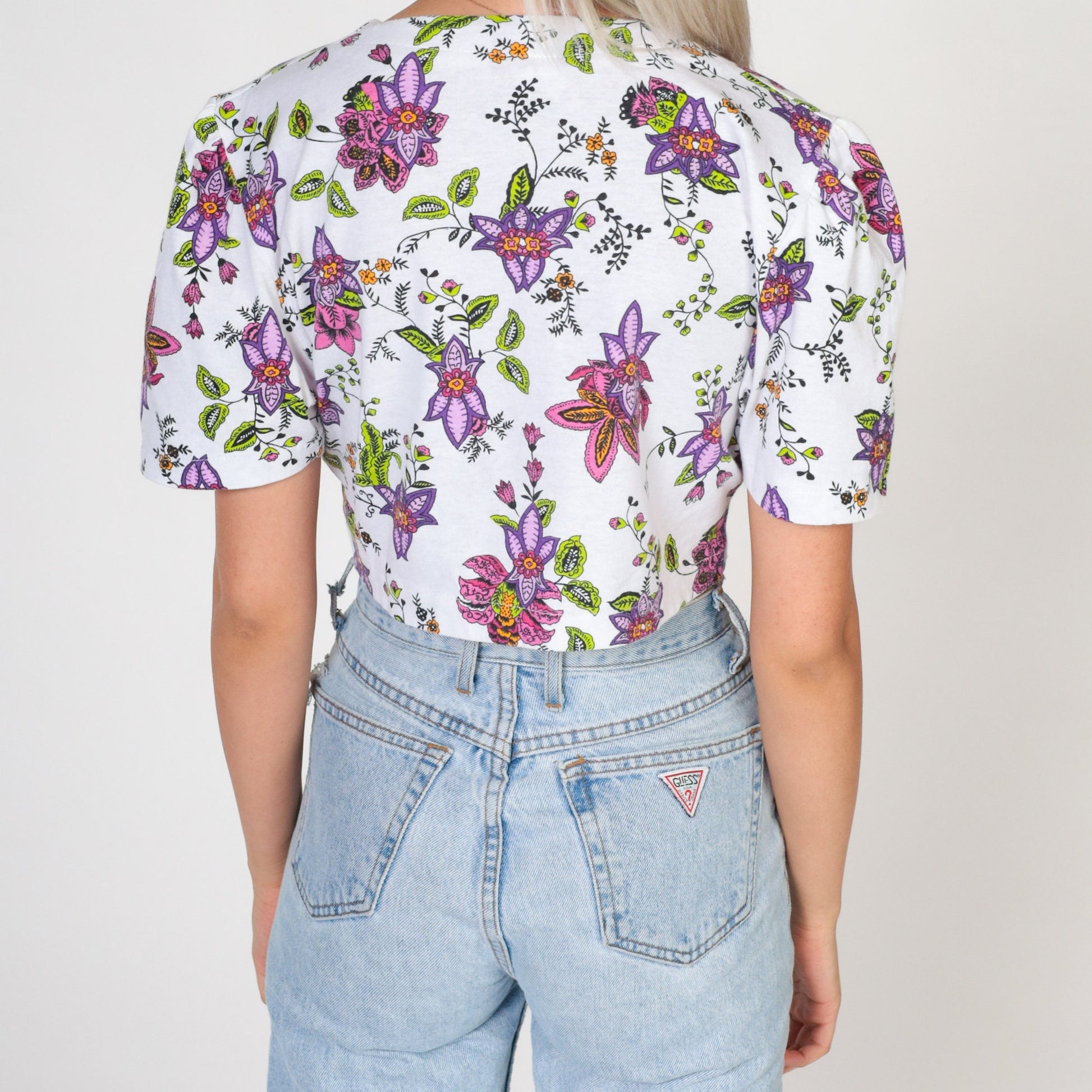90s White Floral Crop Top Cotton Puff Sleeve Button Blouse Small