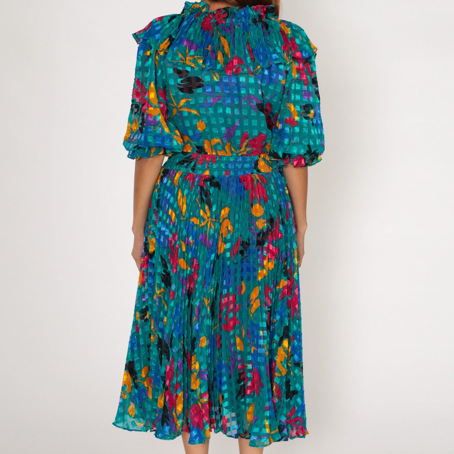 80s Green Floral Midi Dress High Waisted Ruffled Neckline Pleated Small