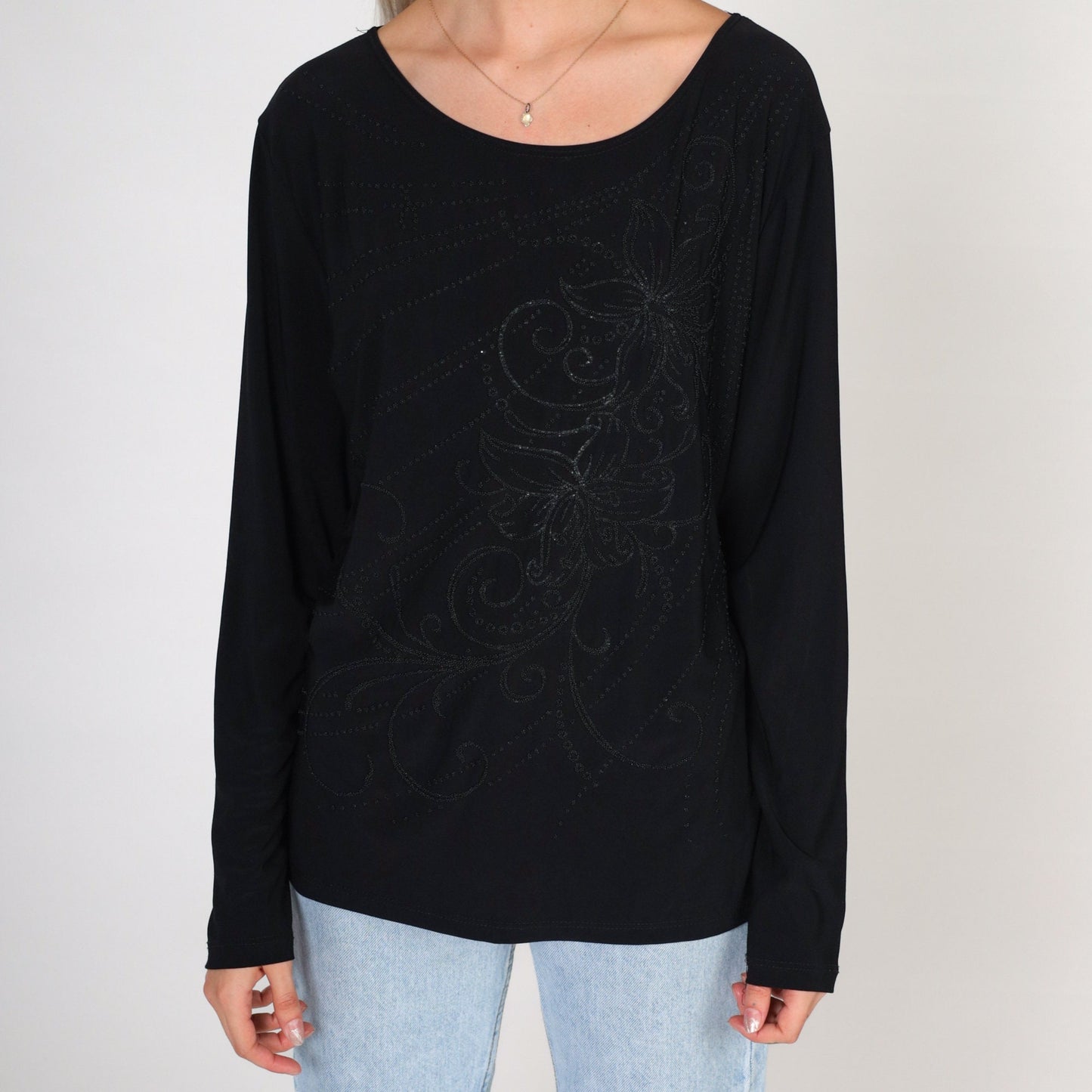 00s Black Floral Beaded Long Sleeve Blouse Y2K Sparkly Shirt Small S