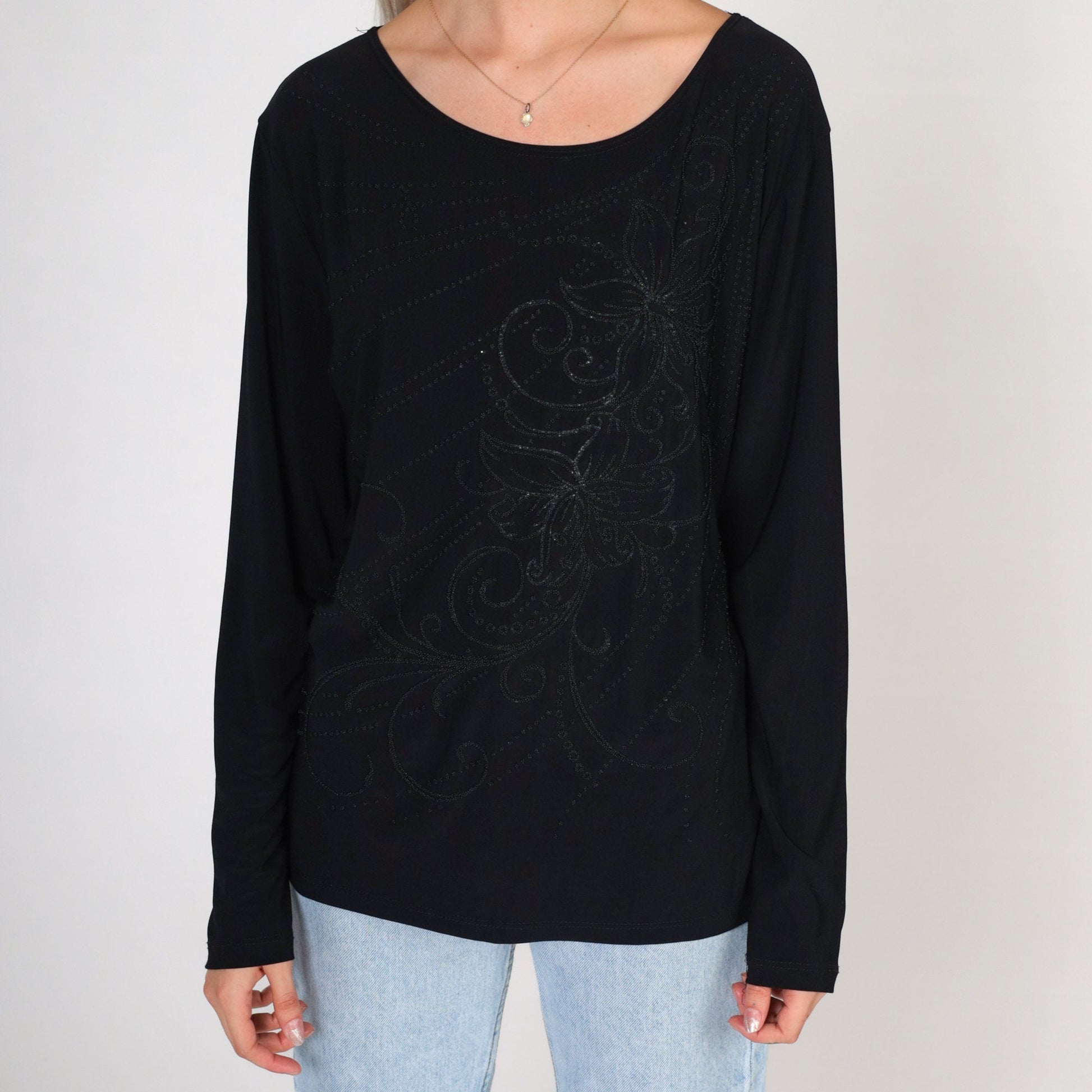 00s Black Floral Beaded Long Sleeve Blouse Y2K Sparkly Shirt Small S