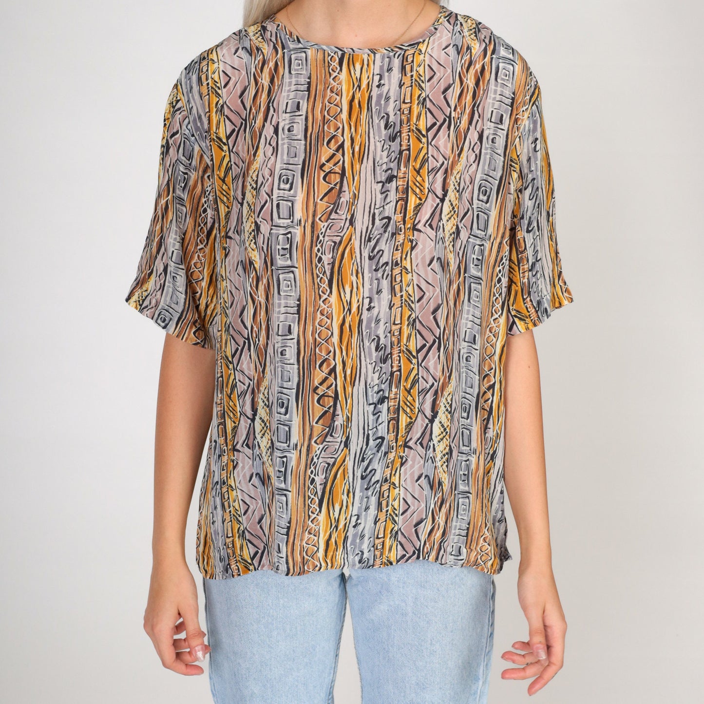 90s Silk Shirt Abstract Geometric Print Short Sleeve Blouse Medium