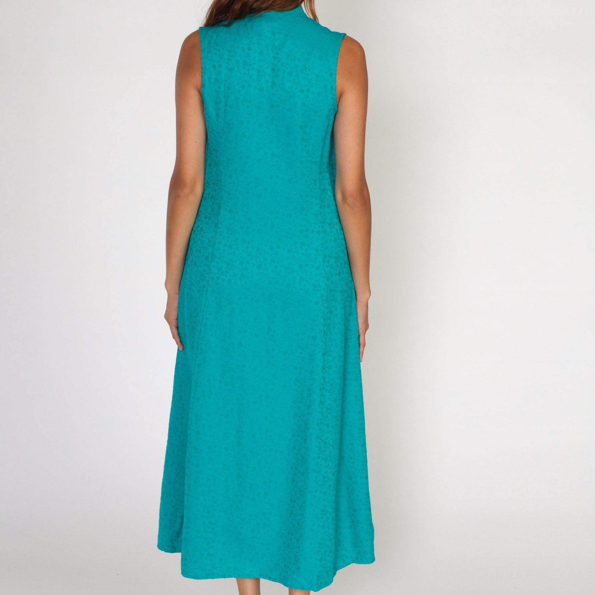 90s Coldwater Creek Teal Floral Embossed Maxi Dress Sleeveless Button-Up Small
