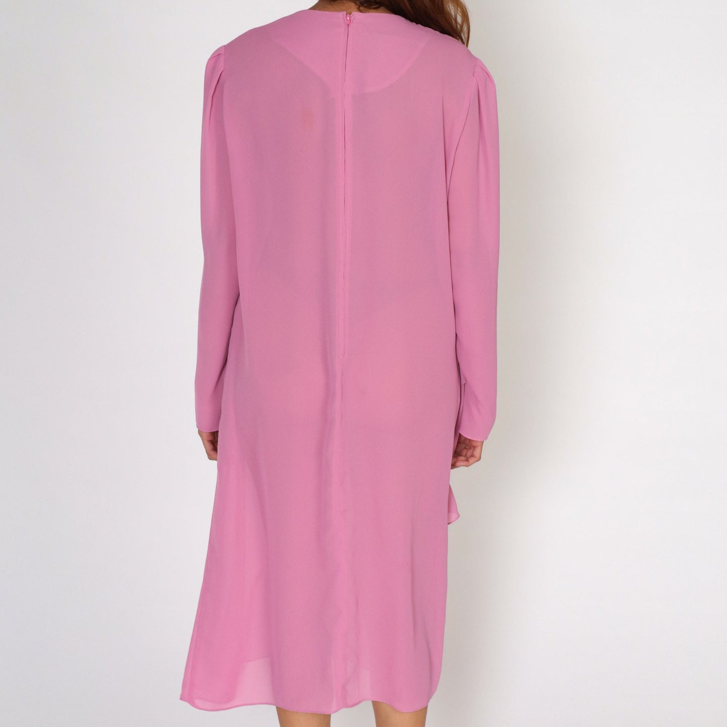 70s Pink Midi Dress Puff Sleeve Bias Cut Layered Draped Medium Large