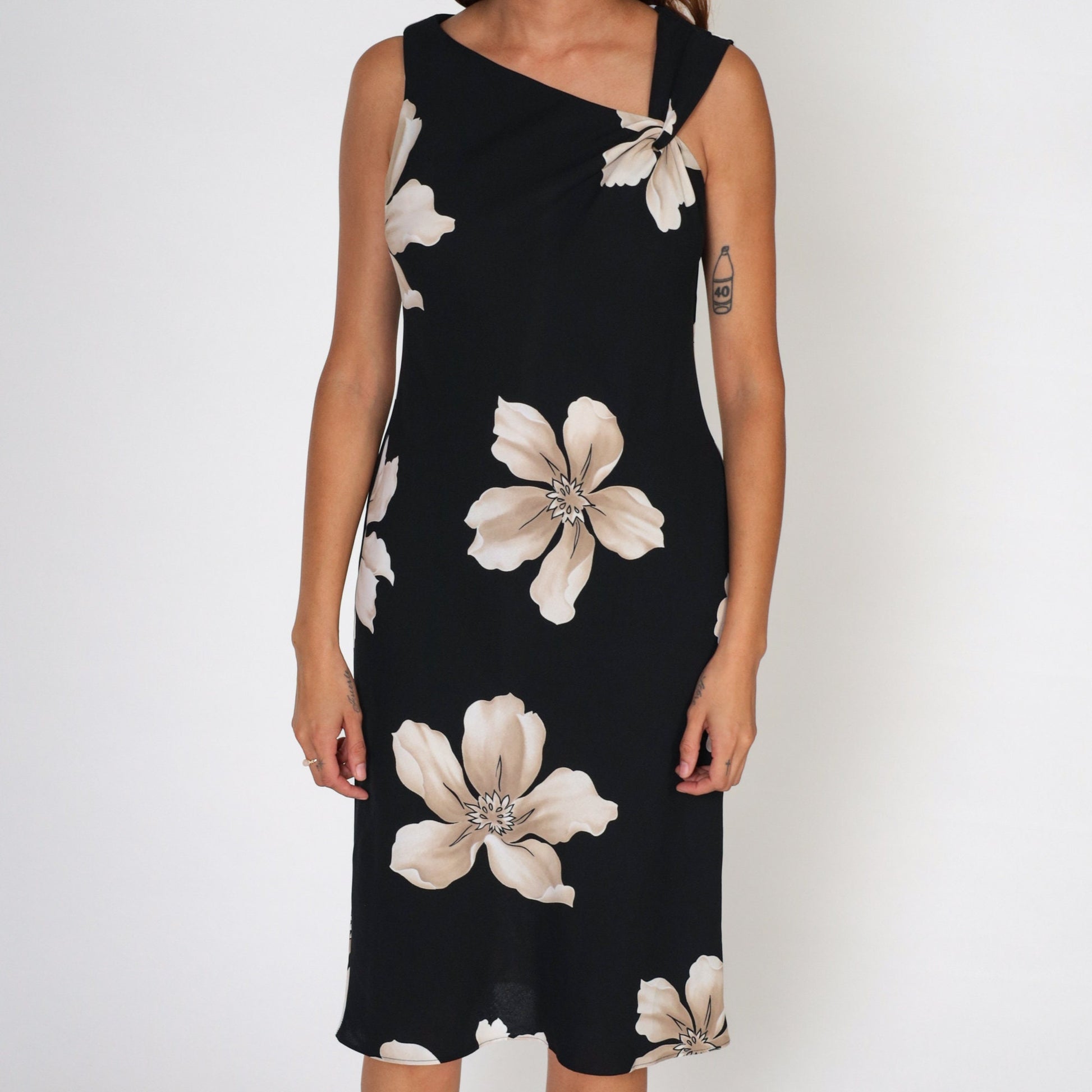 90s Black Floral Dress Asymmetrical Neckline Sleeveless Knee Length Large L