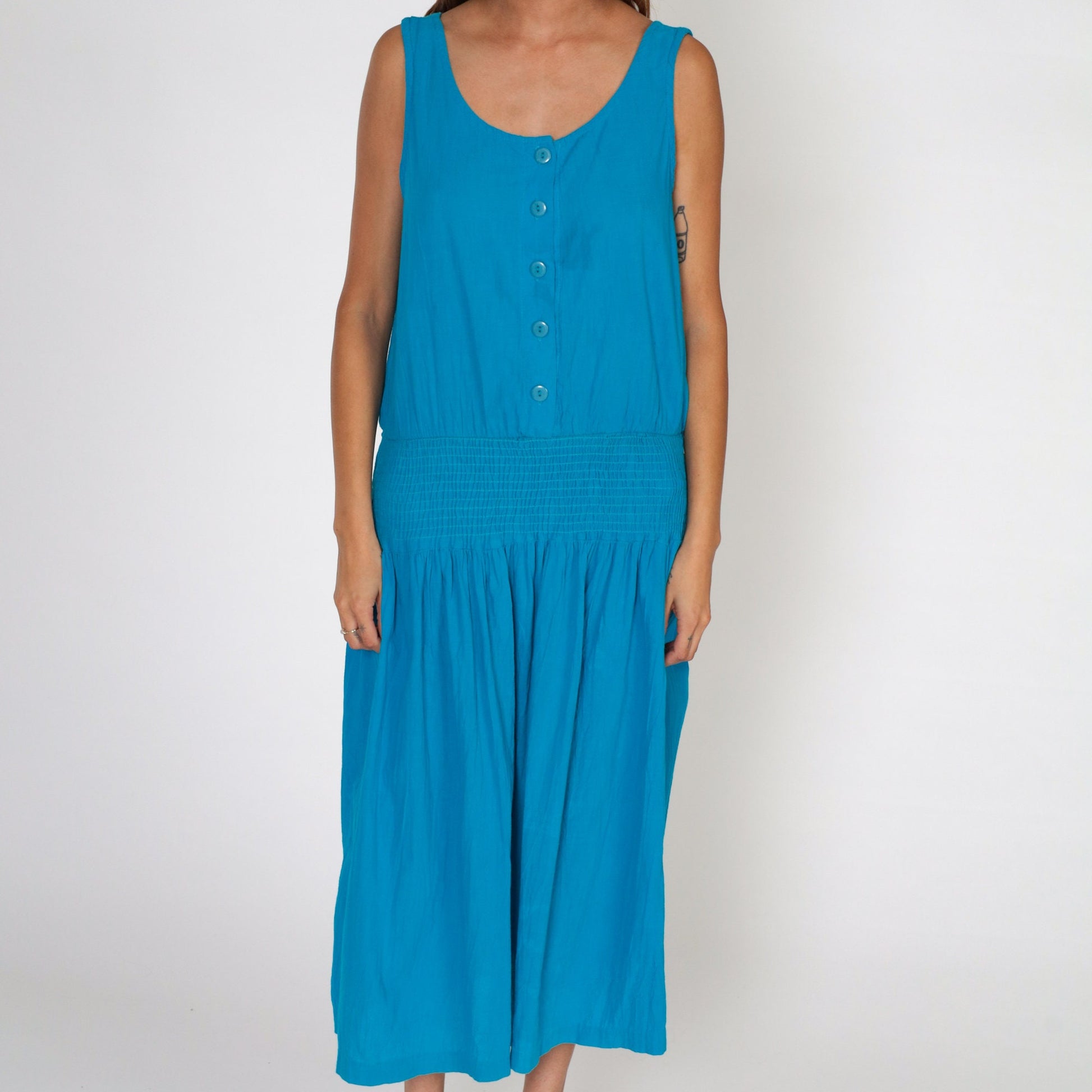 80s Blue Midi Sundress Sleeveless Button-Up Smocked Waist Medium M