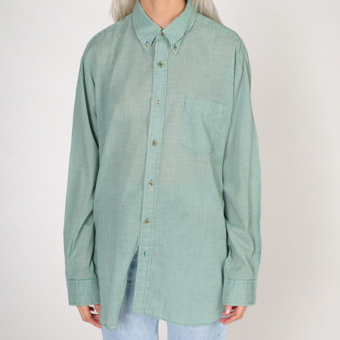 80s Steeple Chase Green White Gingham Button-Up Shirt Large