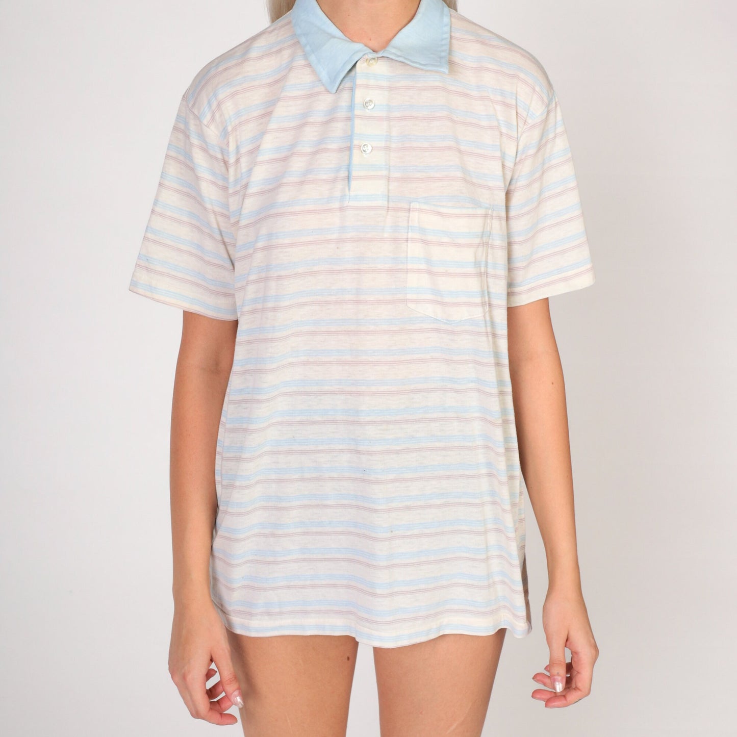 80s Striped Polo Shirt White Burnout Blue Collar Quarter Button Medium