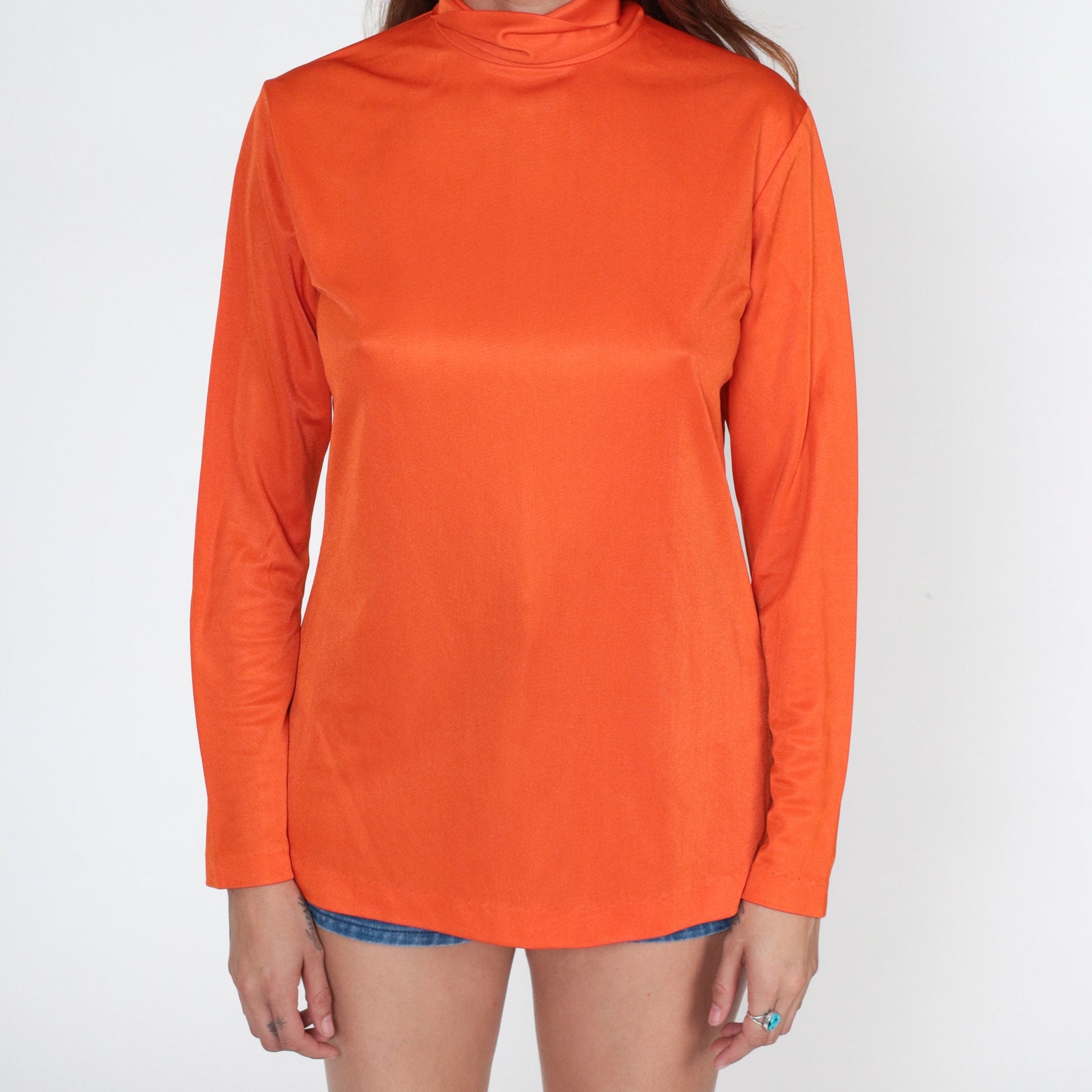 70s Orange Turtleneck Long Sleeve Blouse Rear Zipper Medium M