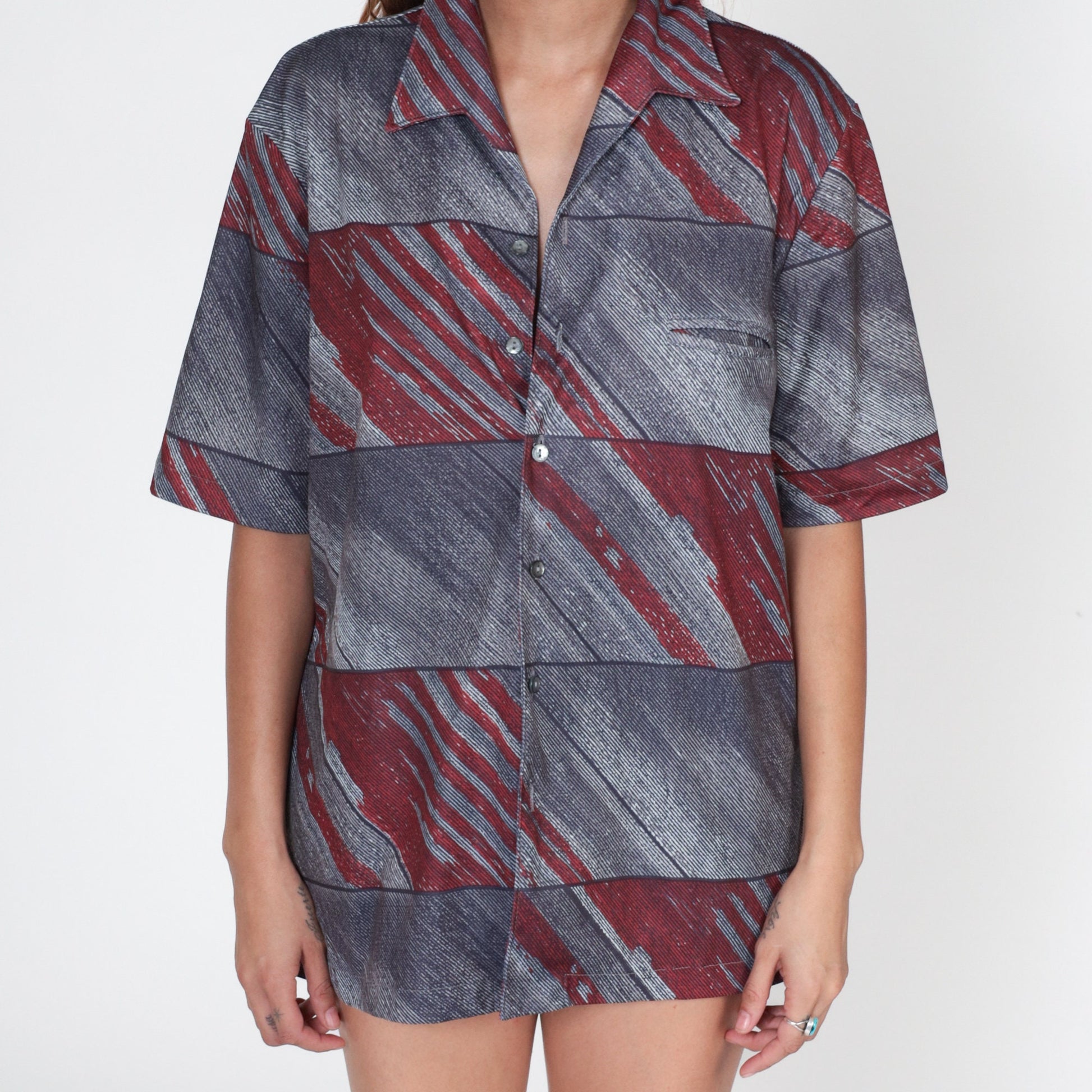 70s Navy Red Diagonal Stripe Button-Up Shirt Men's Large Short Sleeve