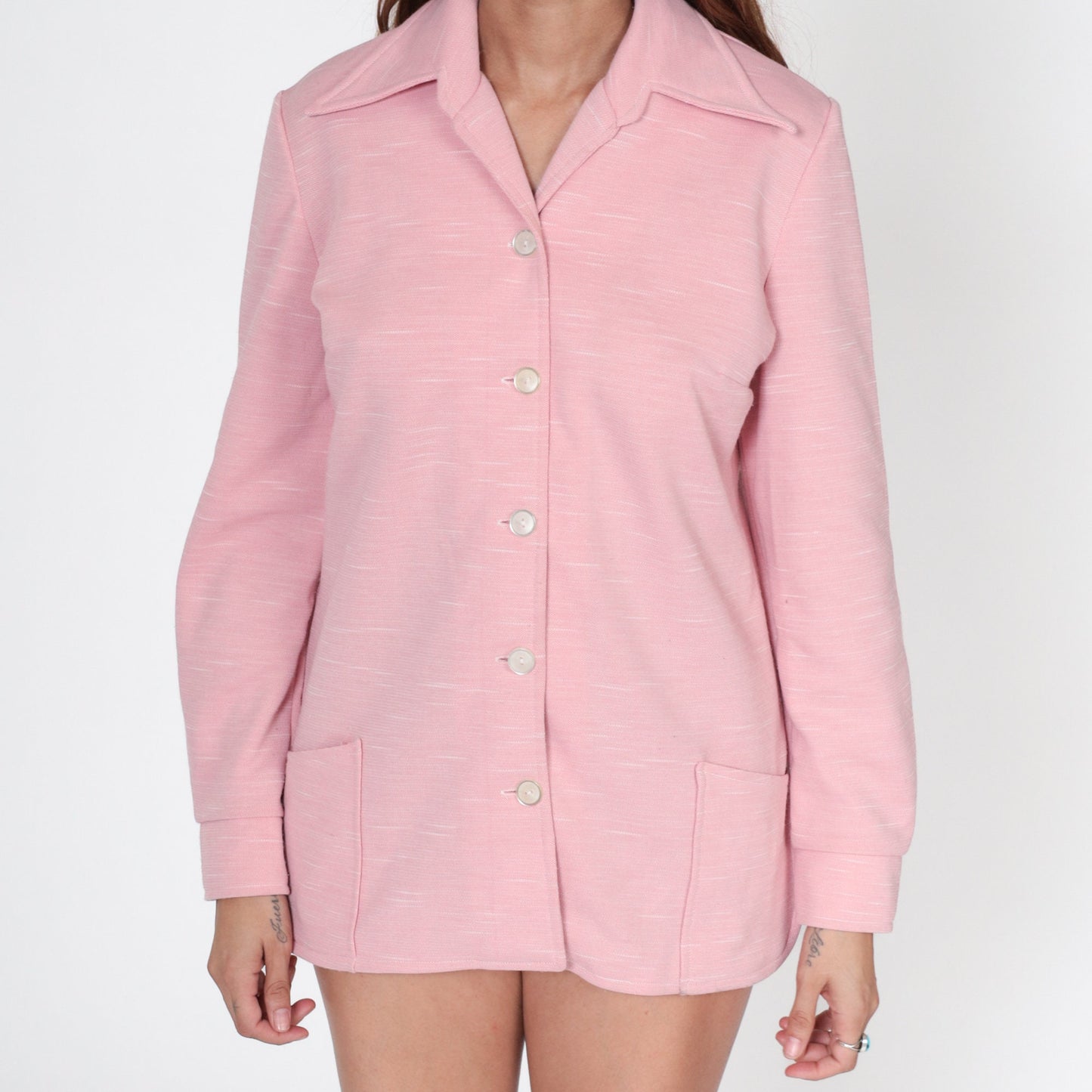 70s Pink Dagger Collar Button-Up Blouse Long Sleeve Disco Shirt Medium