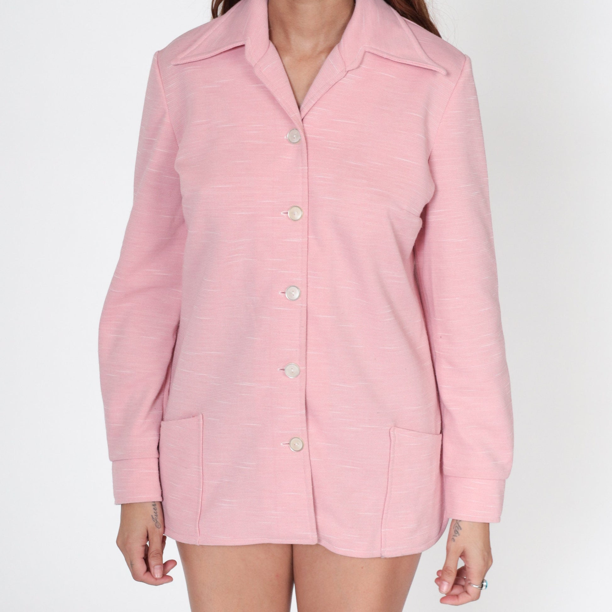 70s Pink Dagger Collar Button-Up Blouse Long Sleeve Disco Shirt Medium