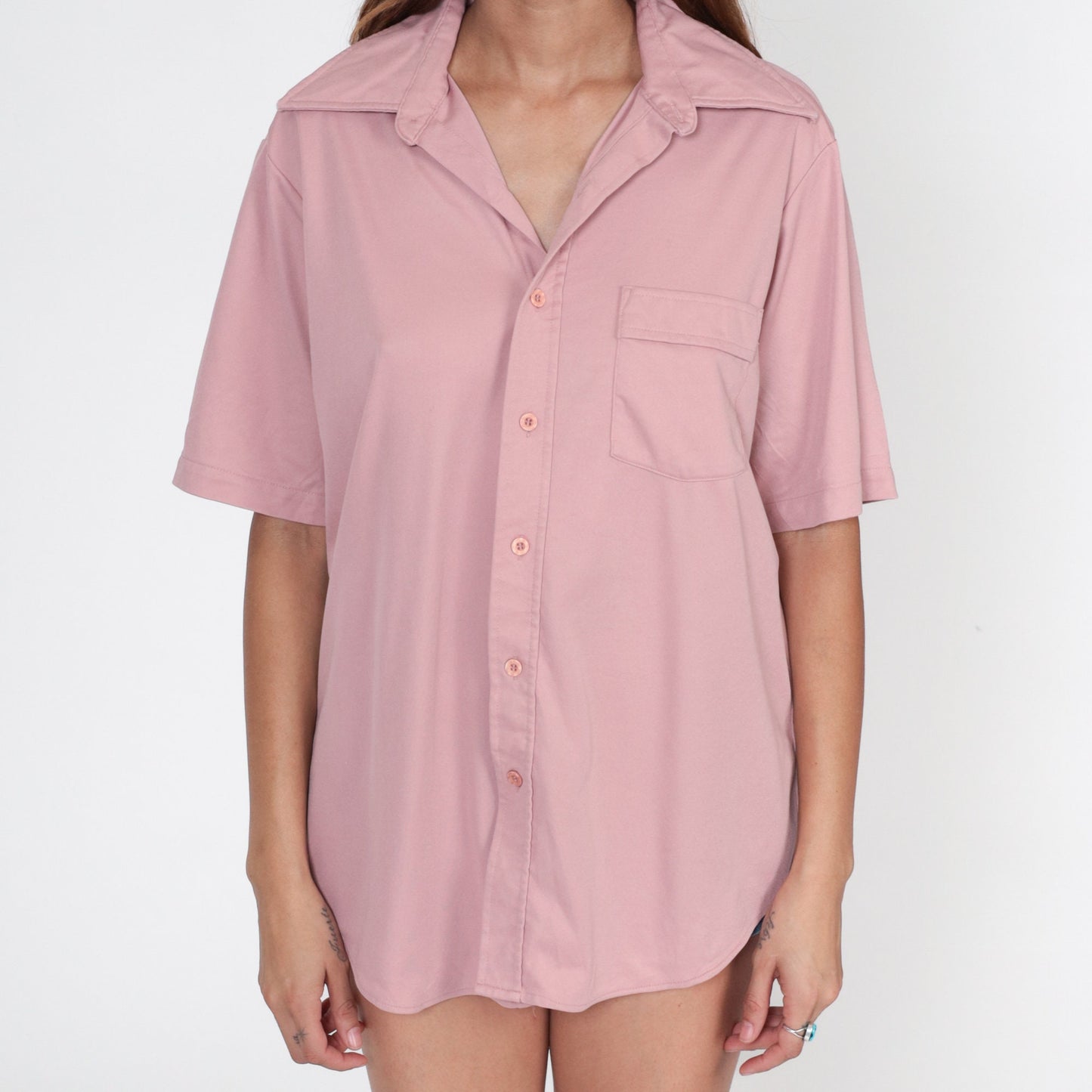 70s Dusty Pink Button-Up Shirt Dagger Collar Short Sleeve Men's Large