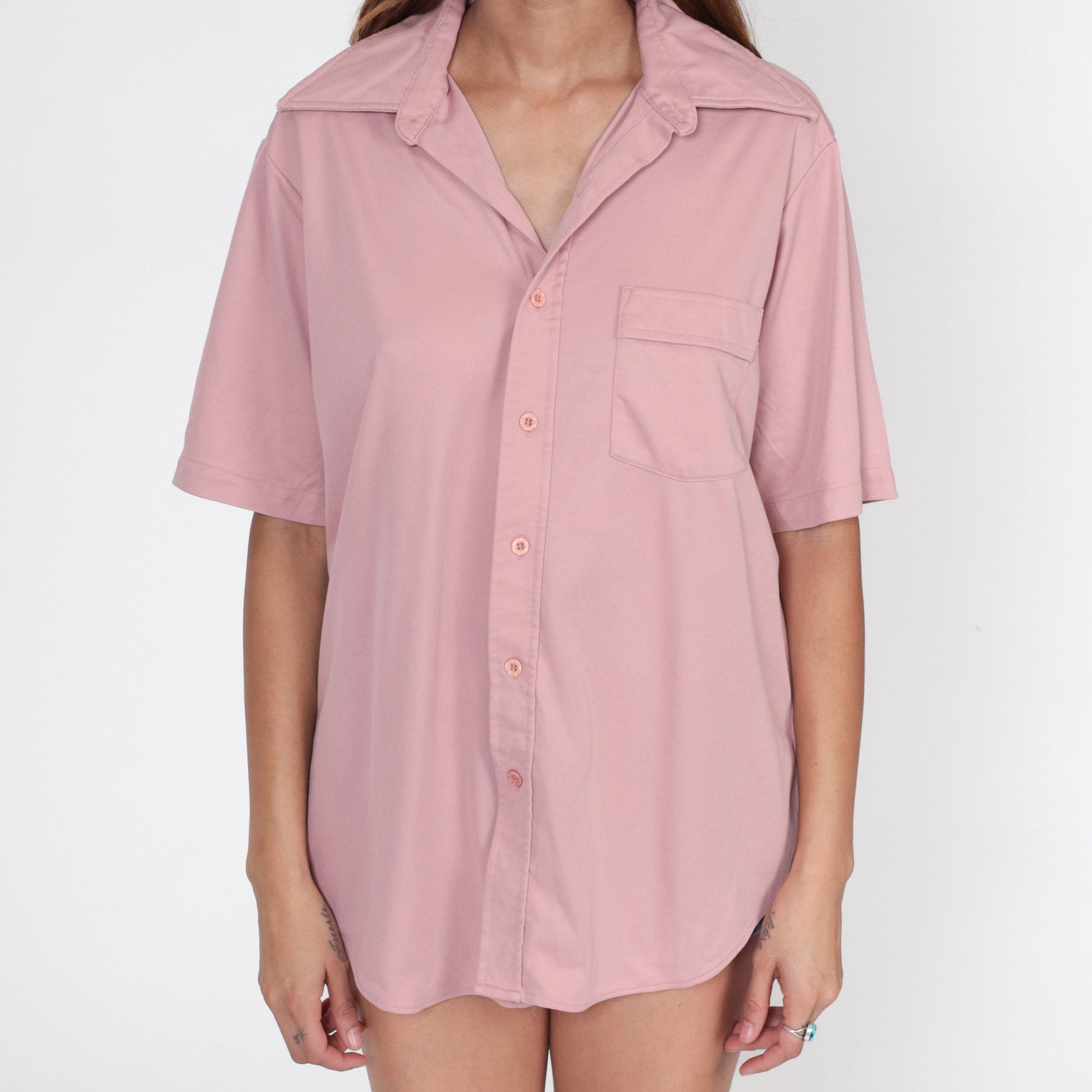 70s Dusty Pink Button-Up Shirt Dagger Collar Short Sleeve Men's Large