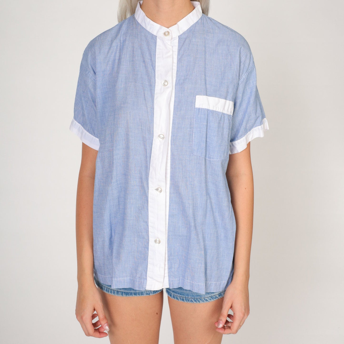 80s Brooks Brothers Heather Blue Button-Up Blouse White Trim Medium M