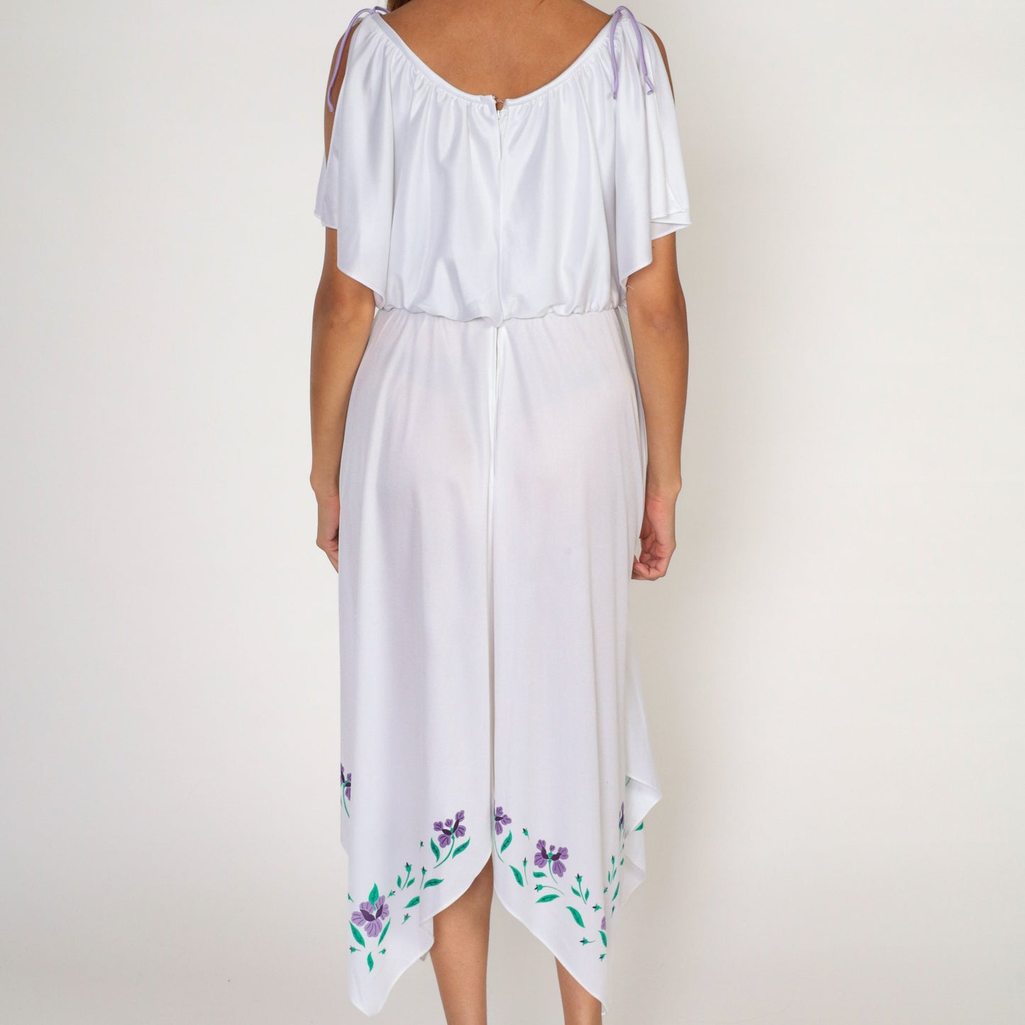70s White Grecian Midi Dress Painted Floral Hanky Hem Flutter Sleeve Small
