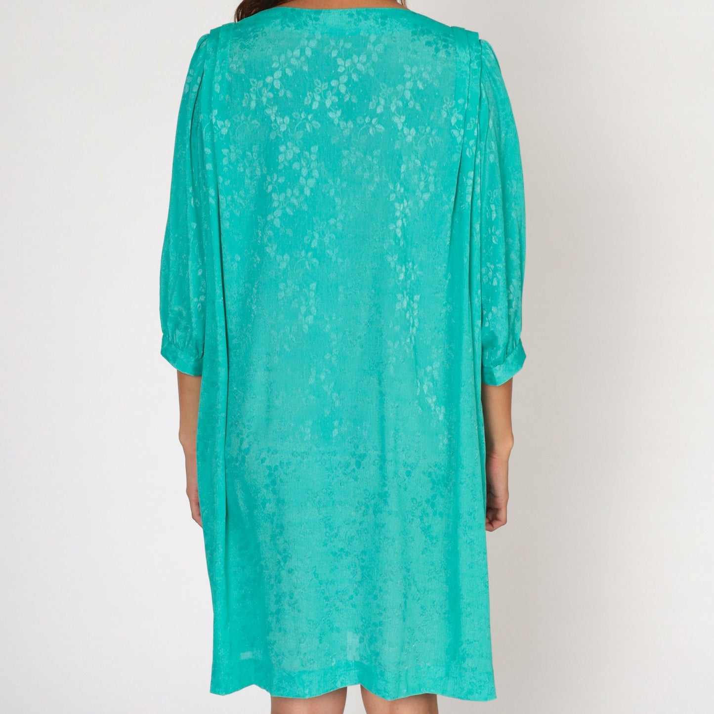80s Green Embossed Leaf Mini Dress Puff Sleeve Pleated Shift Extra Large XXL