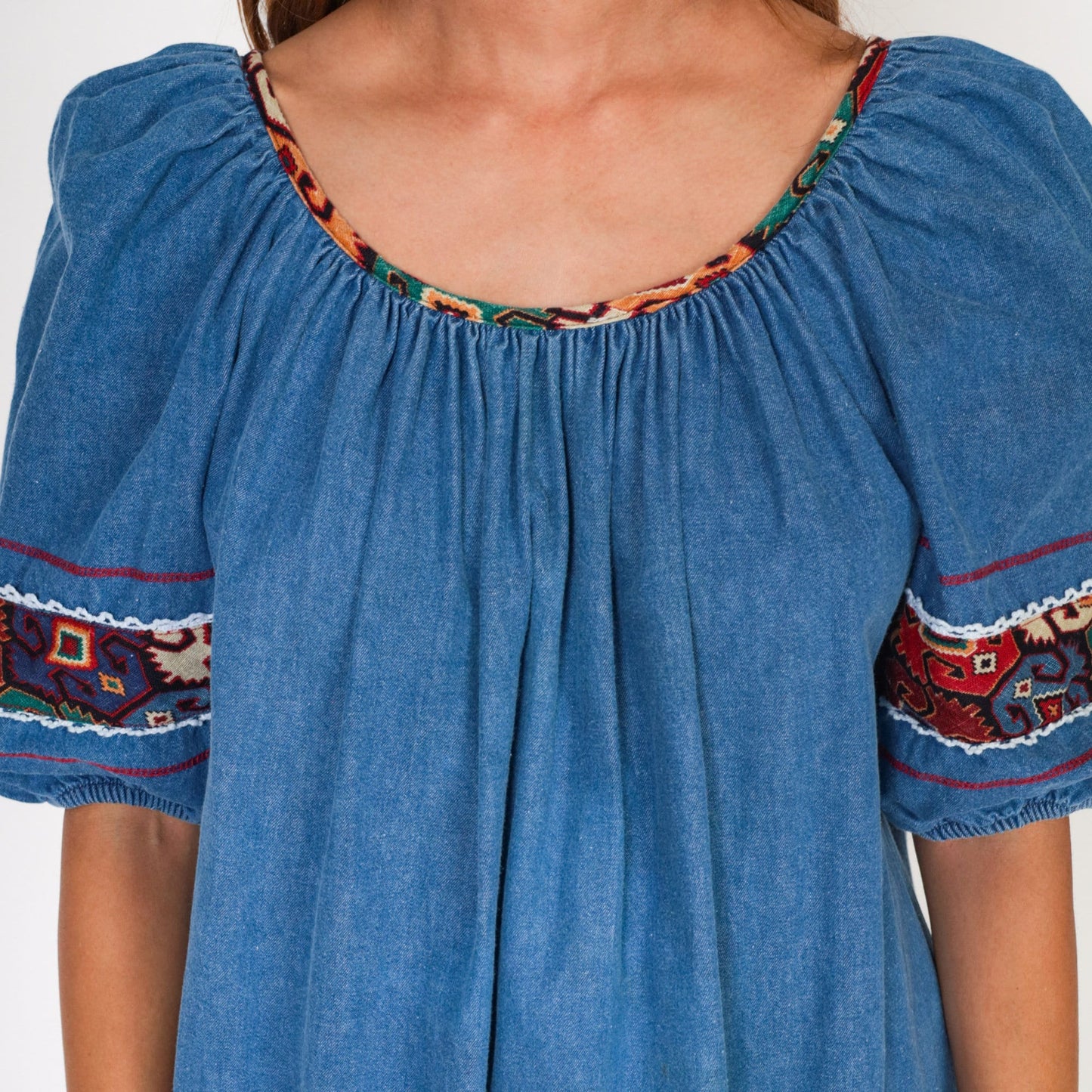 80s Appel Denim Midi Dress Puff Sleeve Southwestern Lace Trim Blue Medium