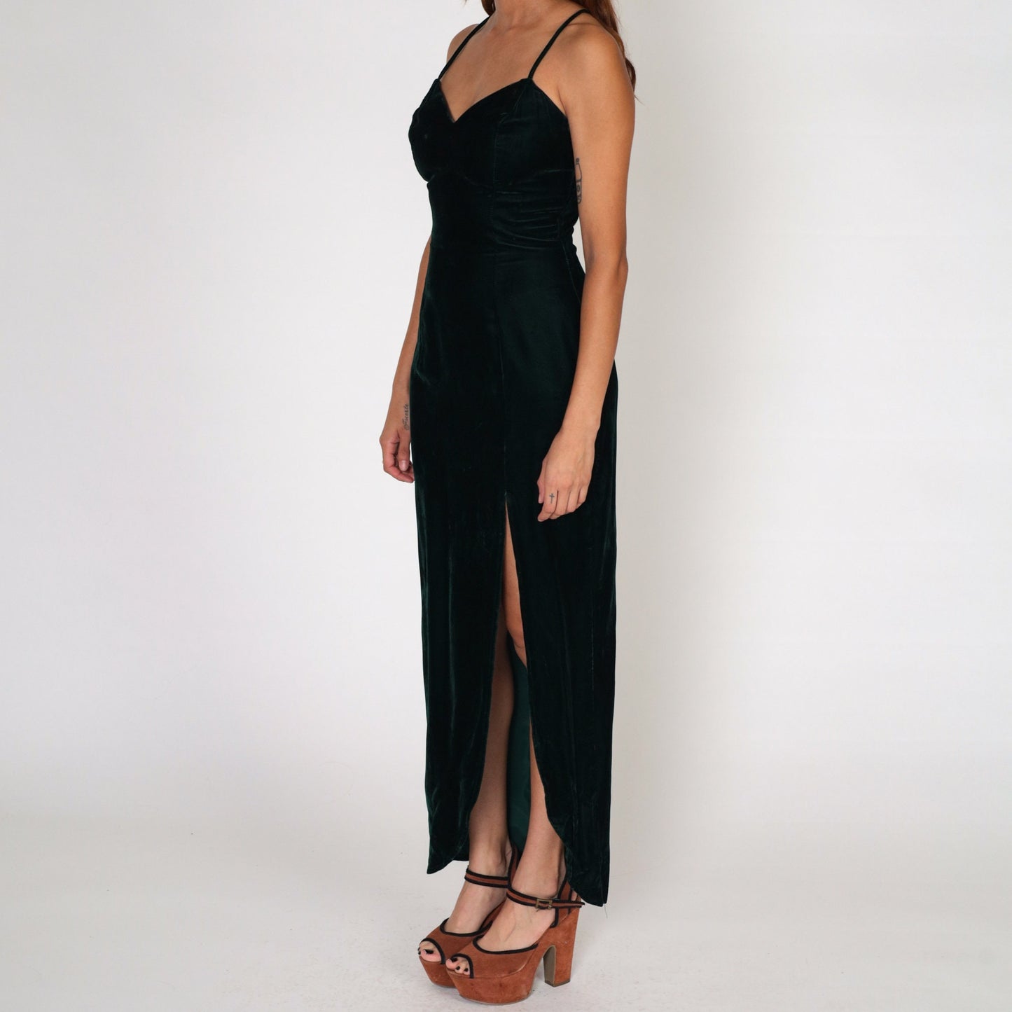 90s Dark Green Velvet Maxi Dress Sweetheart Neckline High Slit Sleeveless Small