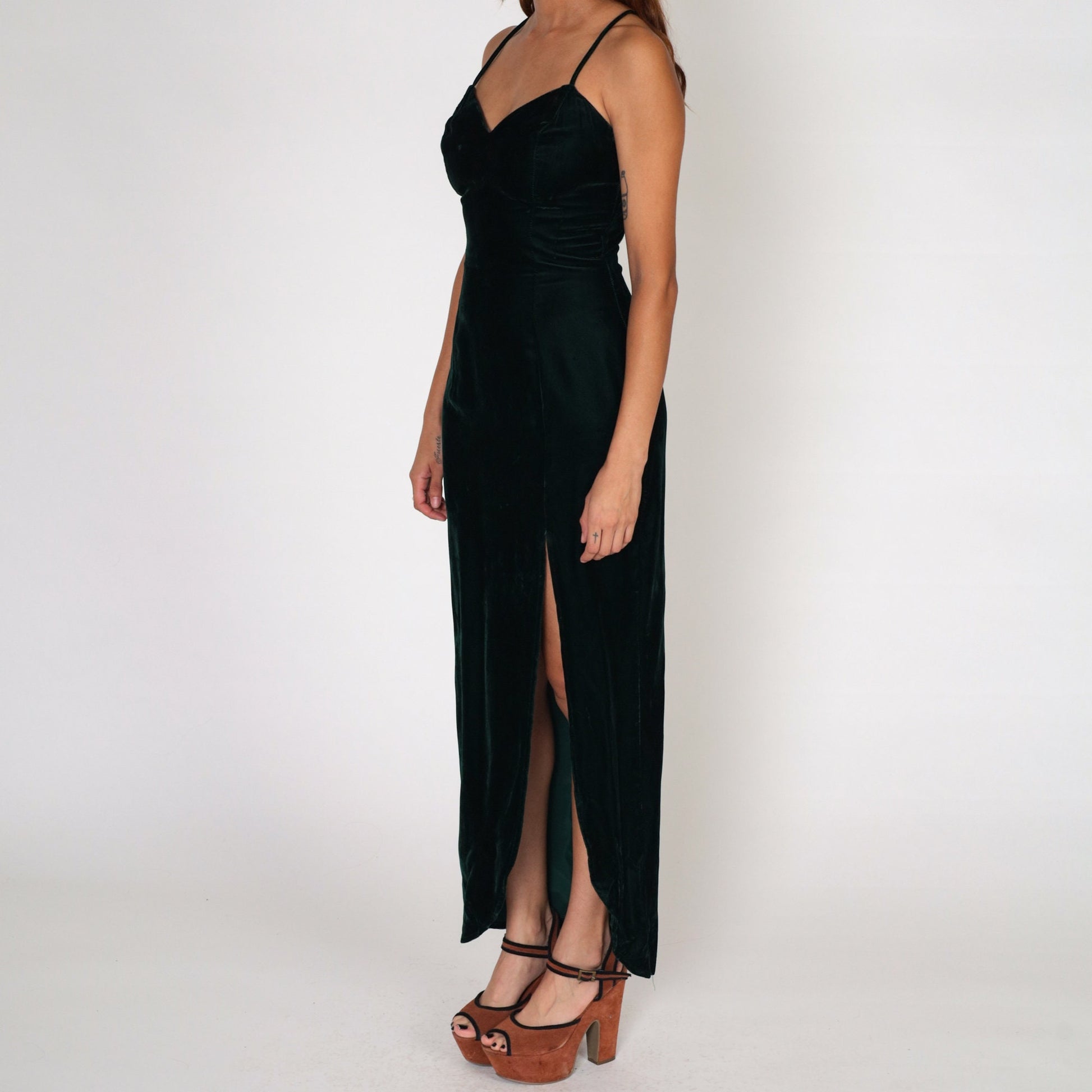 90s Dark Green Velvet Maxi Dress Sweetheart Neckline High Slit Sleeveless Small