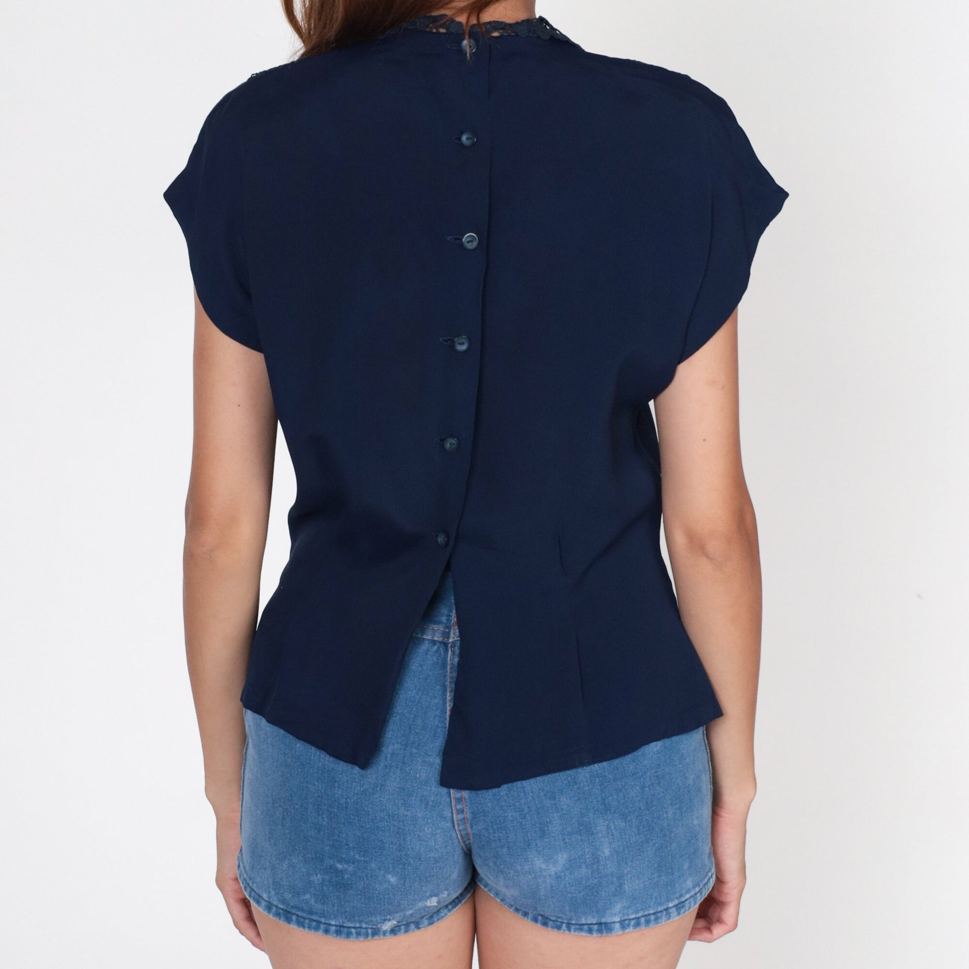 60s Navy Lace Collar Blouse Cap Sleeve Button Back Rayon Shirt Medium