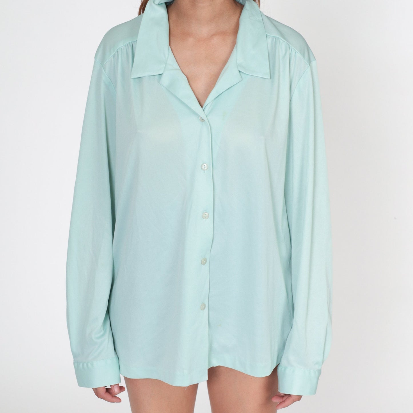 Y2K Mint Blue Button-Up Blouse Long Sleeve 00s Collared Plus Size XXL