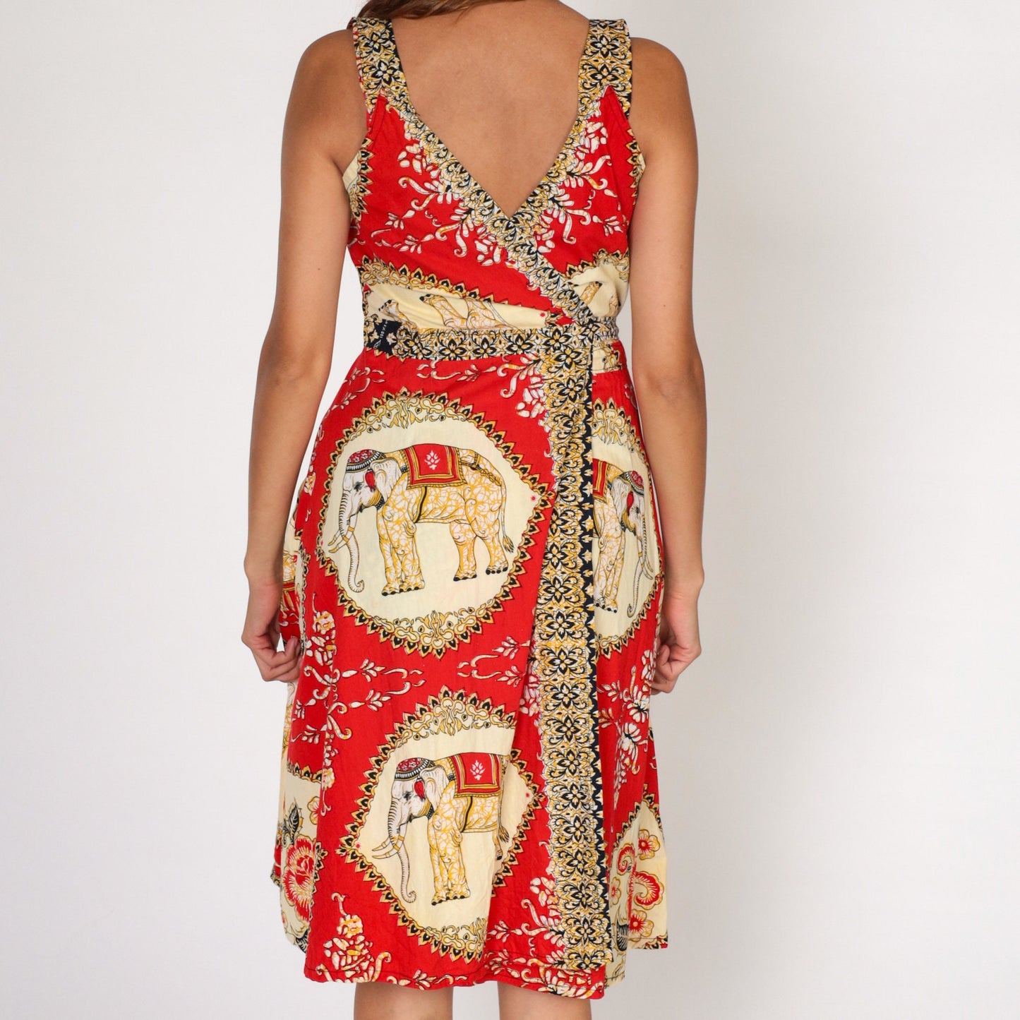 Y2K Red Batik Floral Elephant Midi Wrap Dress Cotton Sleeveless Pockets Medium Large
