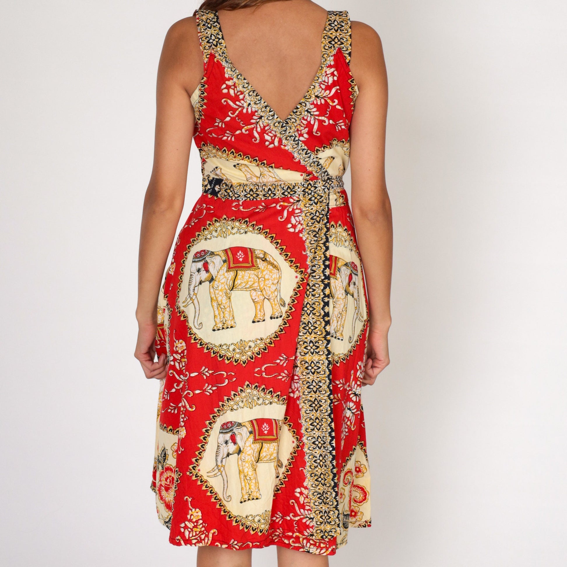 Y2K Red Batik Floral Elephant Midi Wrap Dress Cotton Sleeveless Pockets Medium Large