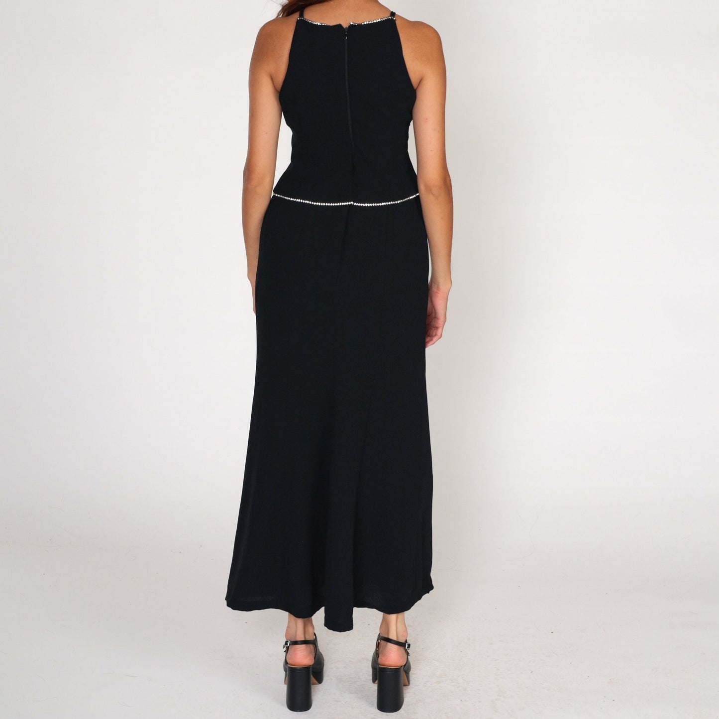 90s Jones New York Black Maxi Dress Rhinestone Racerback Spaghetti Strap Small