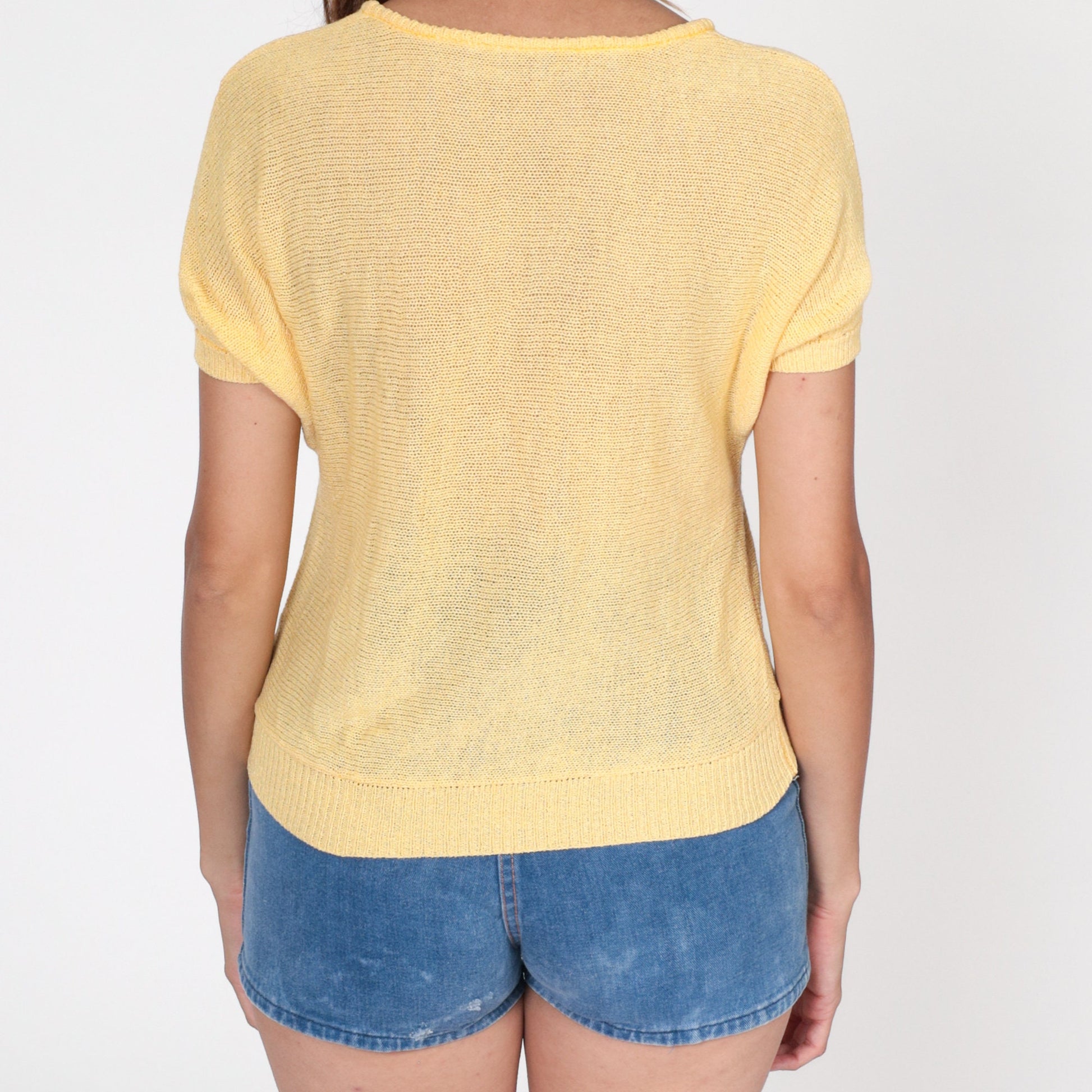 80s Beaded Floral Yellow Knit Top Short Sleeve Slouchy Blouse Extra Small XS