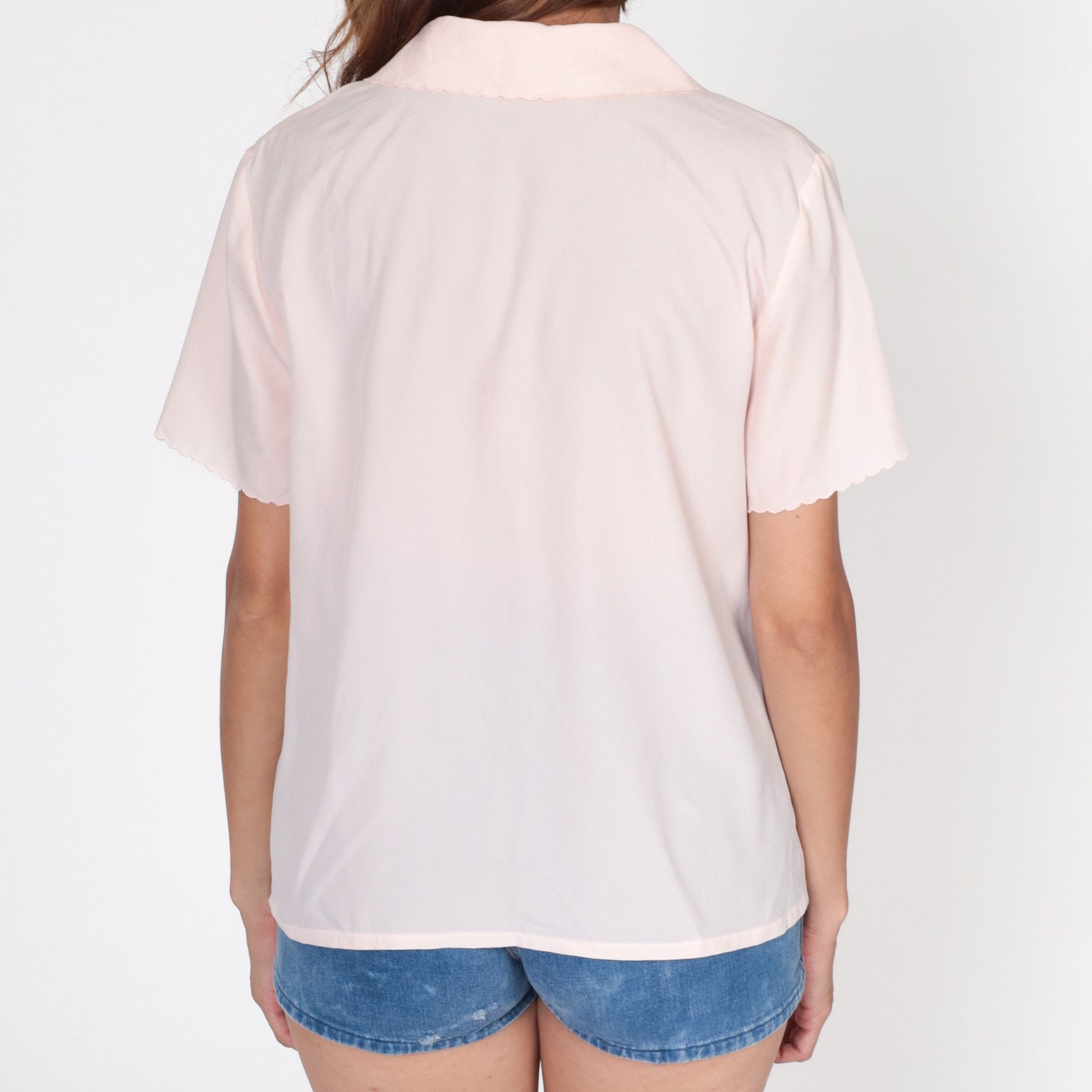 80s Baby Pink Embroidered Floral Blouse Peter Pan Collar Cutout Small
