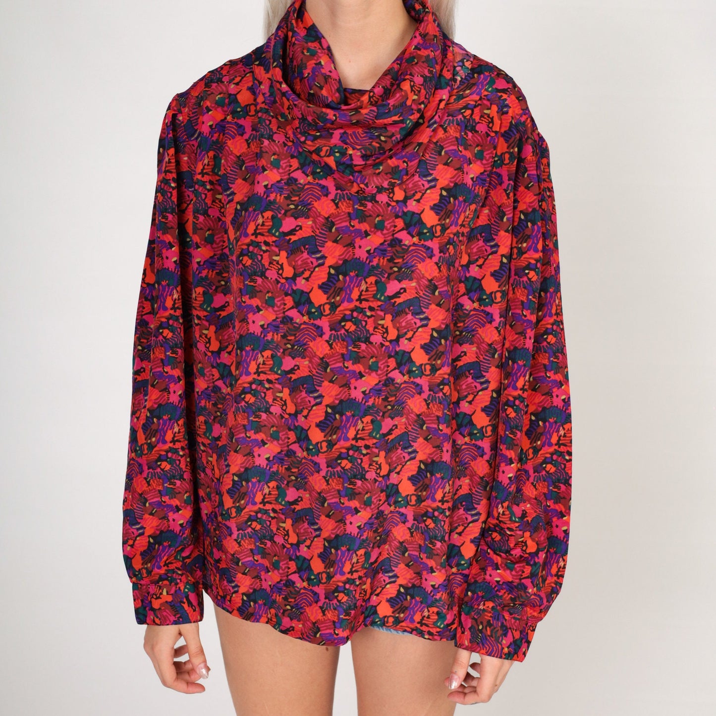 80s Abstract Print Cowl Neck Blouse Long Sleeve Purple Pink Orange Large L