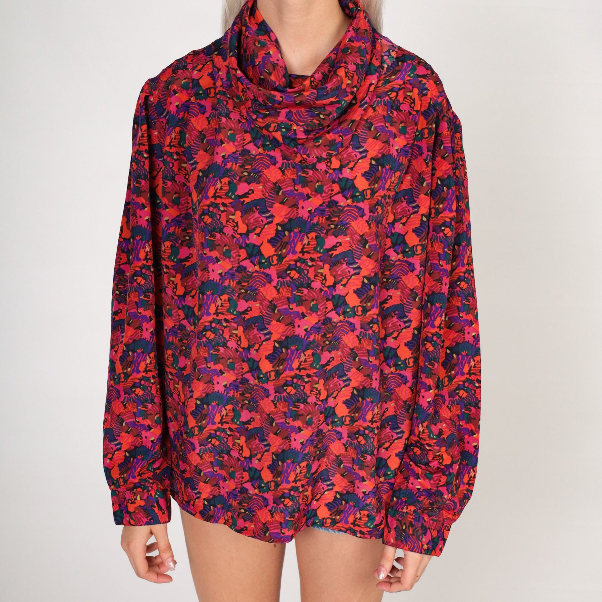 80s Abstract Print Cowl Neck Blouse Long Sleeve Purple Pink Orange Large L