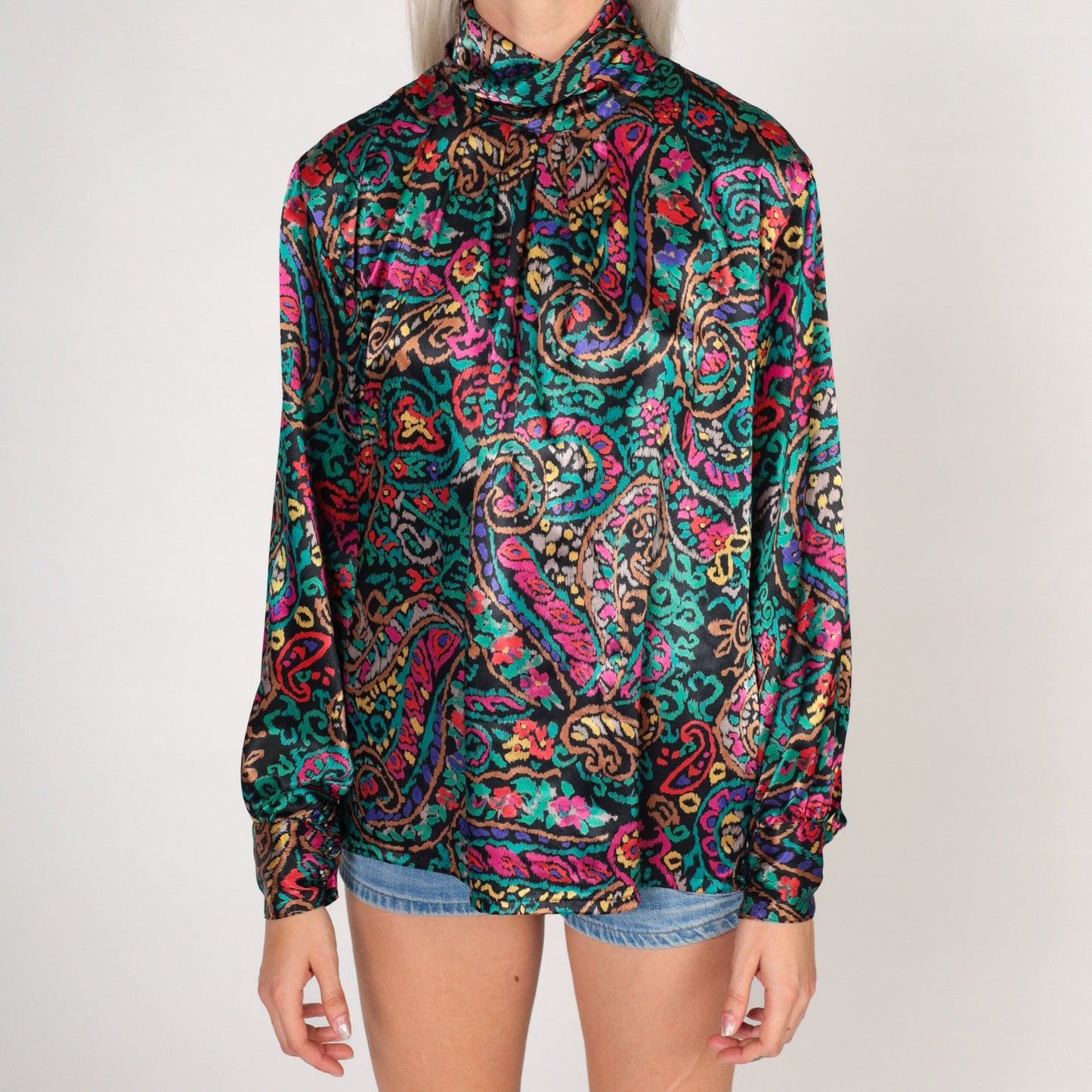 80s Paisley Floral Blouse Black Satin Mock Neck Long Sleeve Small S