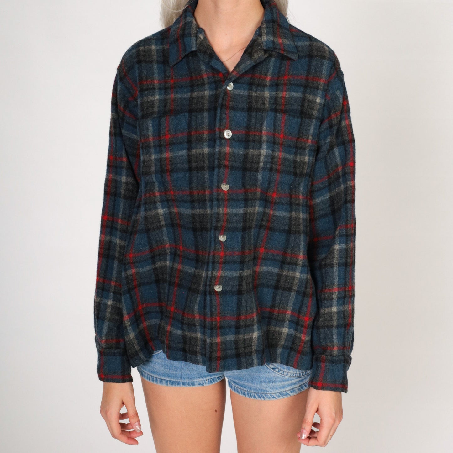 70s Brent Wool Blend Plaid Button-Up Shirt Grey Blue Large