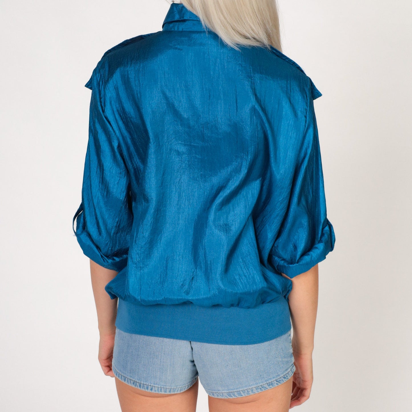 80s Shiny Blue Button-Up Blouse Epaulette Shoulder Large L