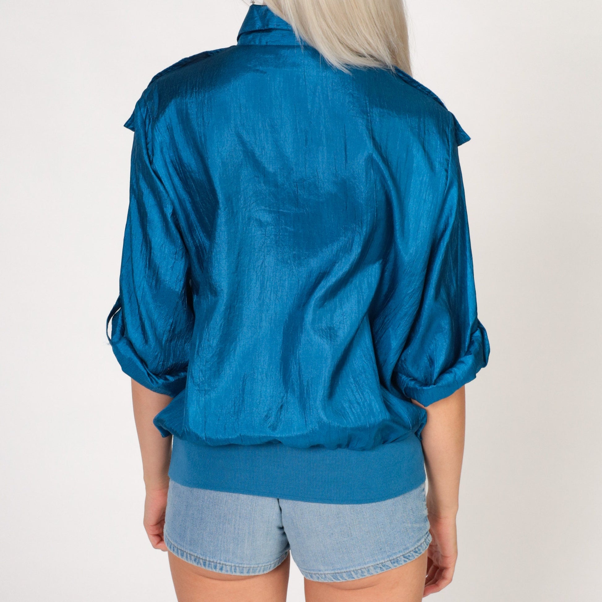 80s Shiny Blue Button-Up Blouse Epaulette Shoulder Large L