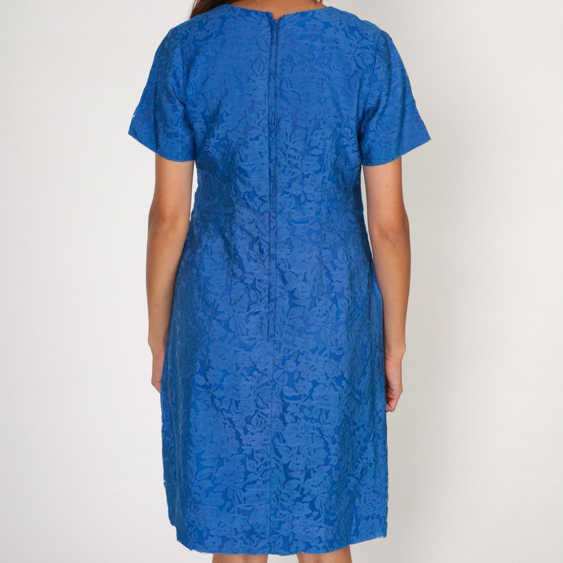 60s Blue Embossed Floral Shift Mini Dress Short Sleeve Small
