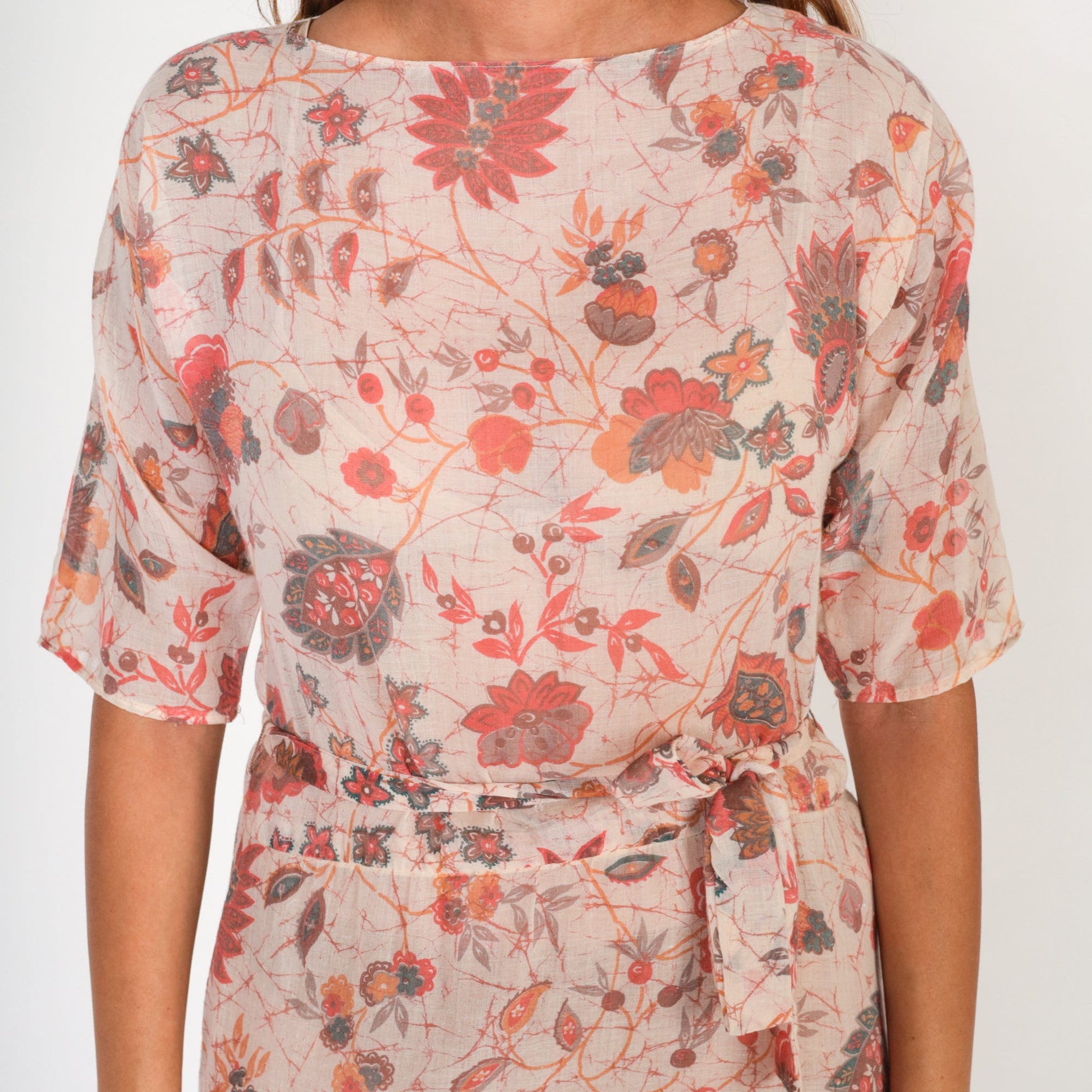 70s Pink Floral Midi Dress High Waisted Cotton Keyhole Back Small