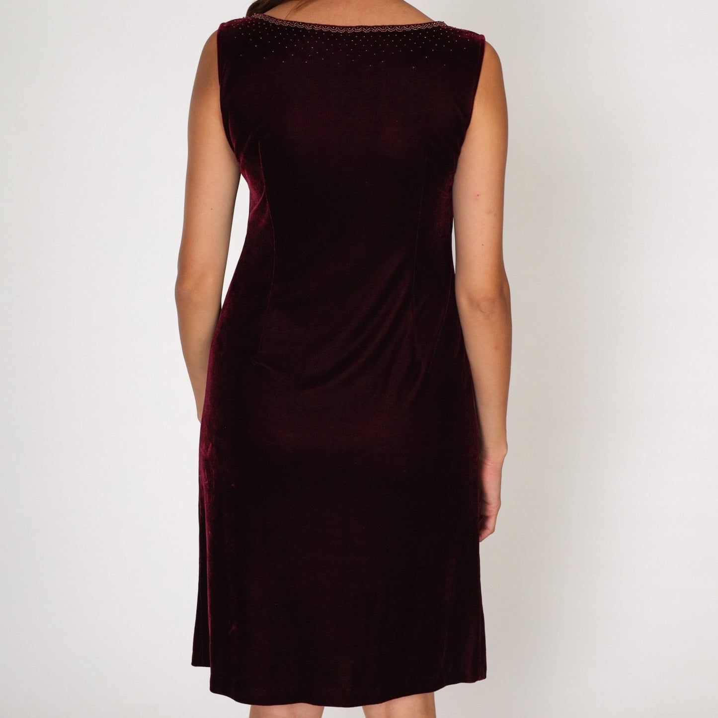 90s Burgundy Velvet Mini Dress Beaded Neckline Sleeveless Sheath Small S
