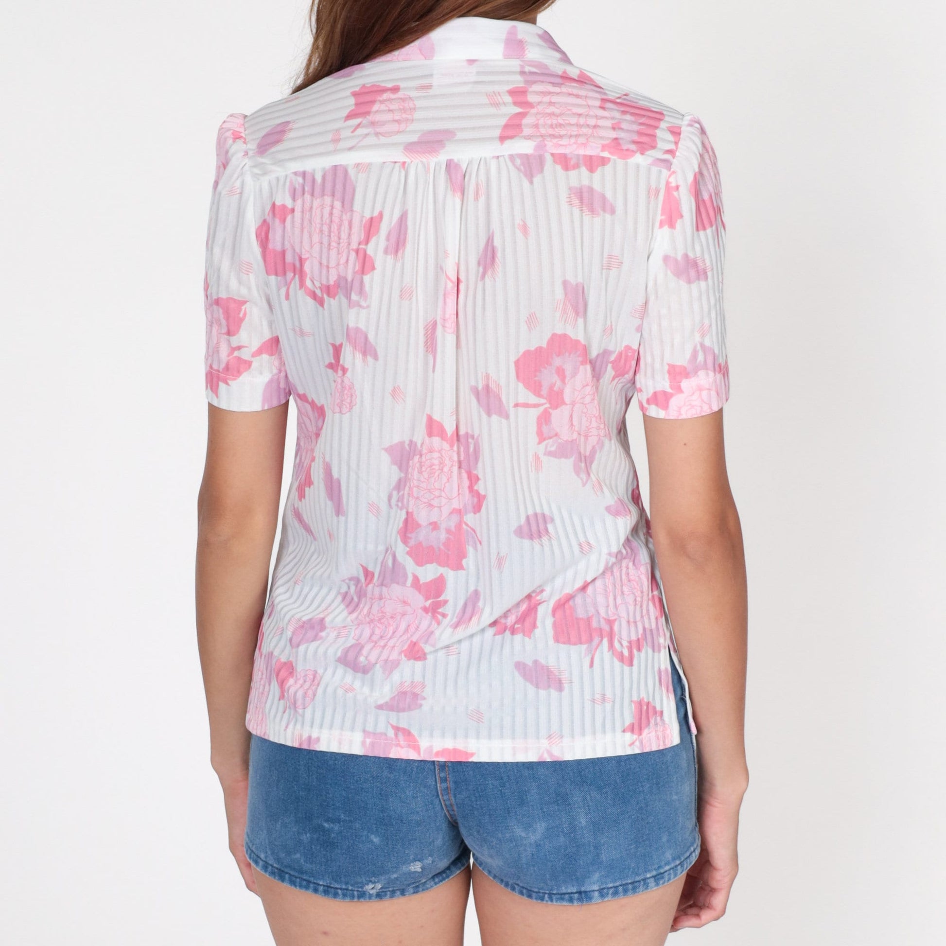 70s Graff Floral Button-Up Blouse White Puff Sleeve Small