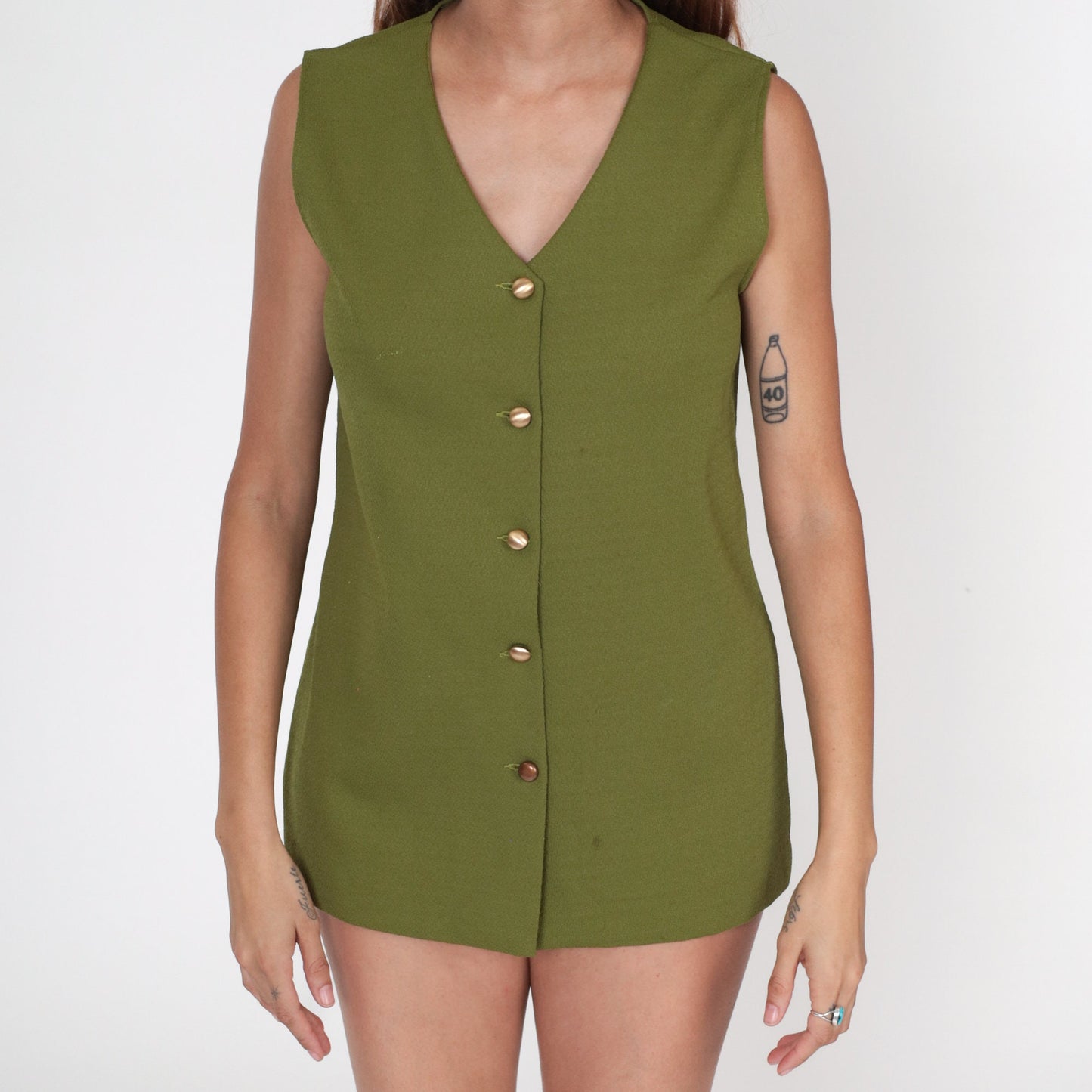70s Olive Green Tank Top V Neck Button Up Sleeveless Blouse Small Medium