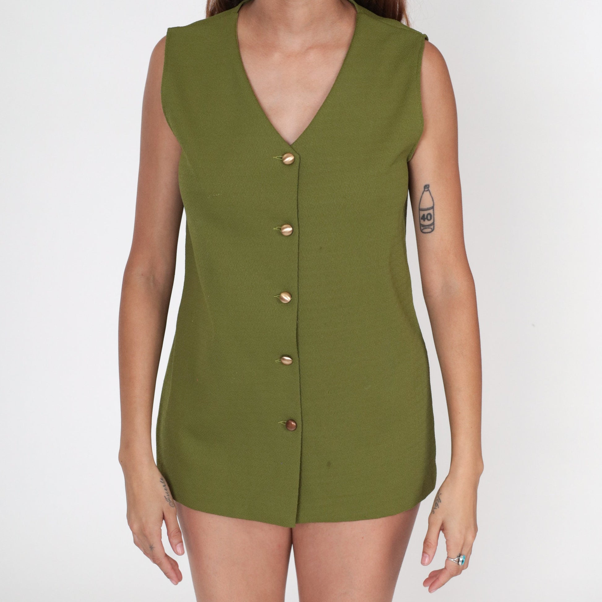 70s Olive Green Tank Top V Neck Button Up Sleeveless Blouse Small Medium